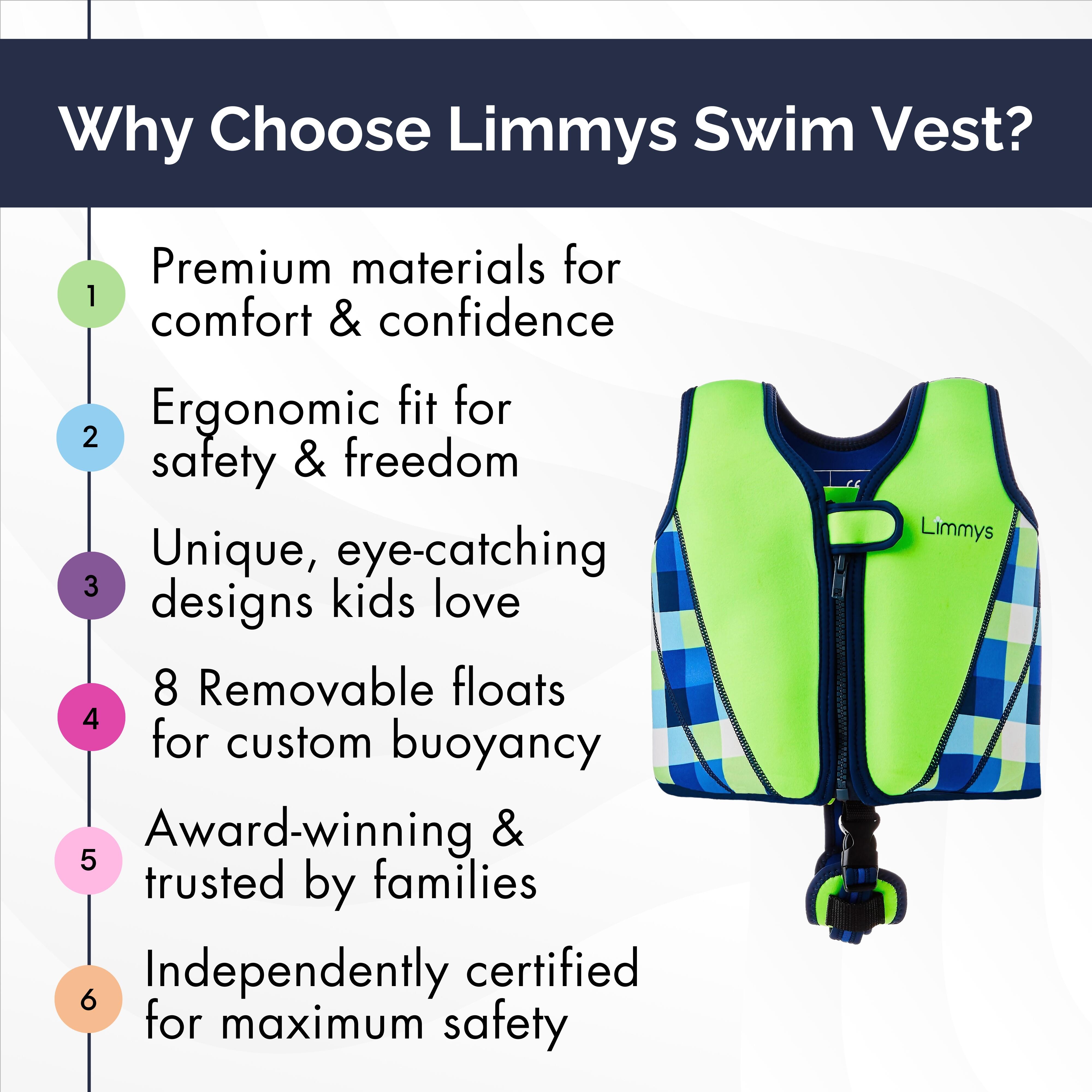 Gilet De Natation Enfant Limmys - Néoprène Premium Avec Sangle Sous-l'aine - Flottabilité Ajustable 8 Panneaux - Sac Inclus