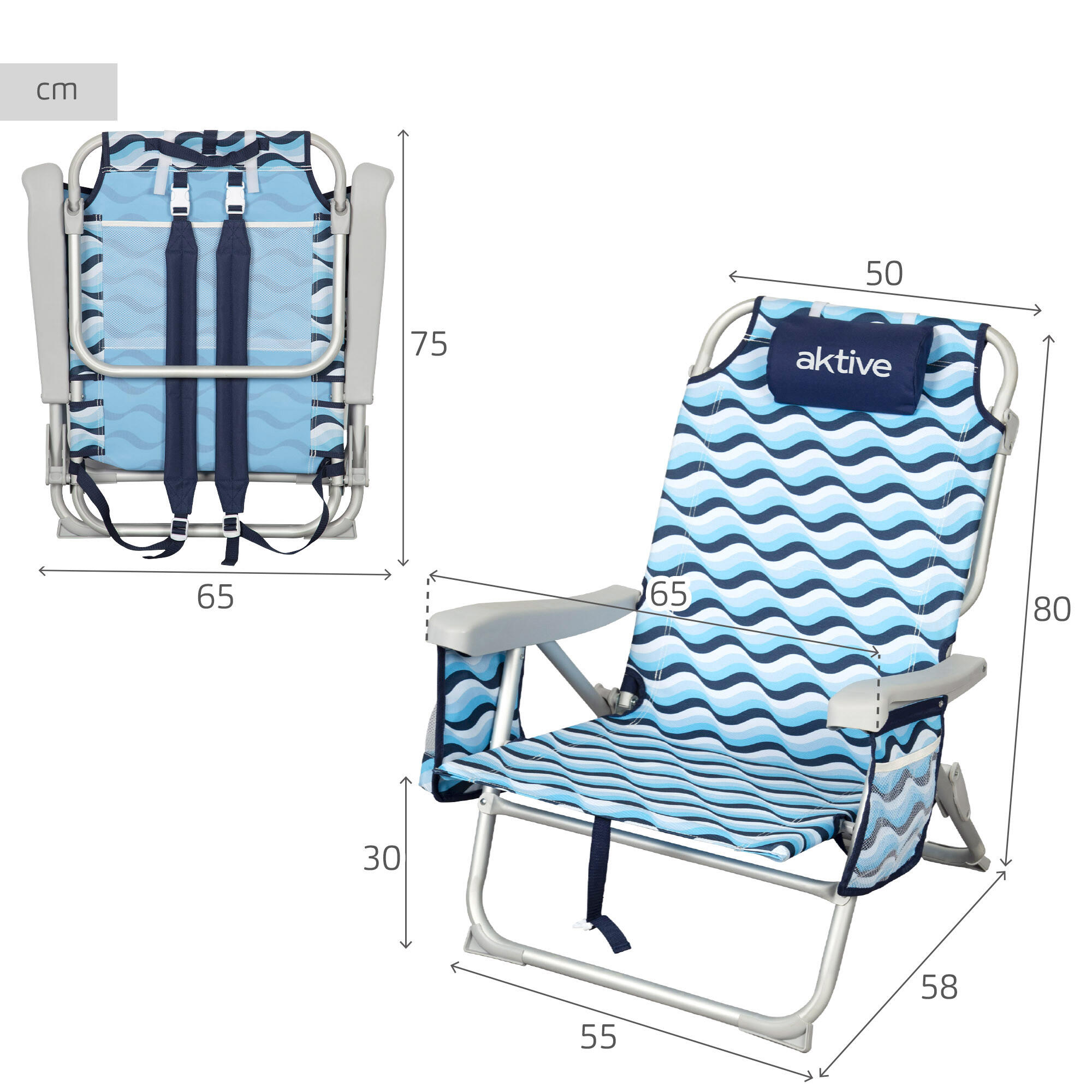 Sedia da spiaggia alta multiposizione 50x58x80 cm blu 4/7
