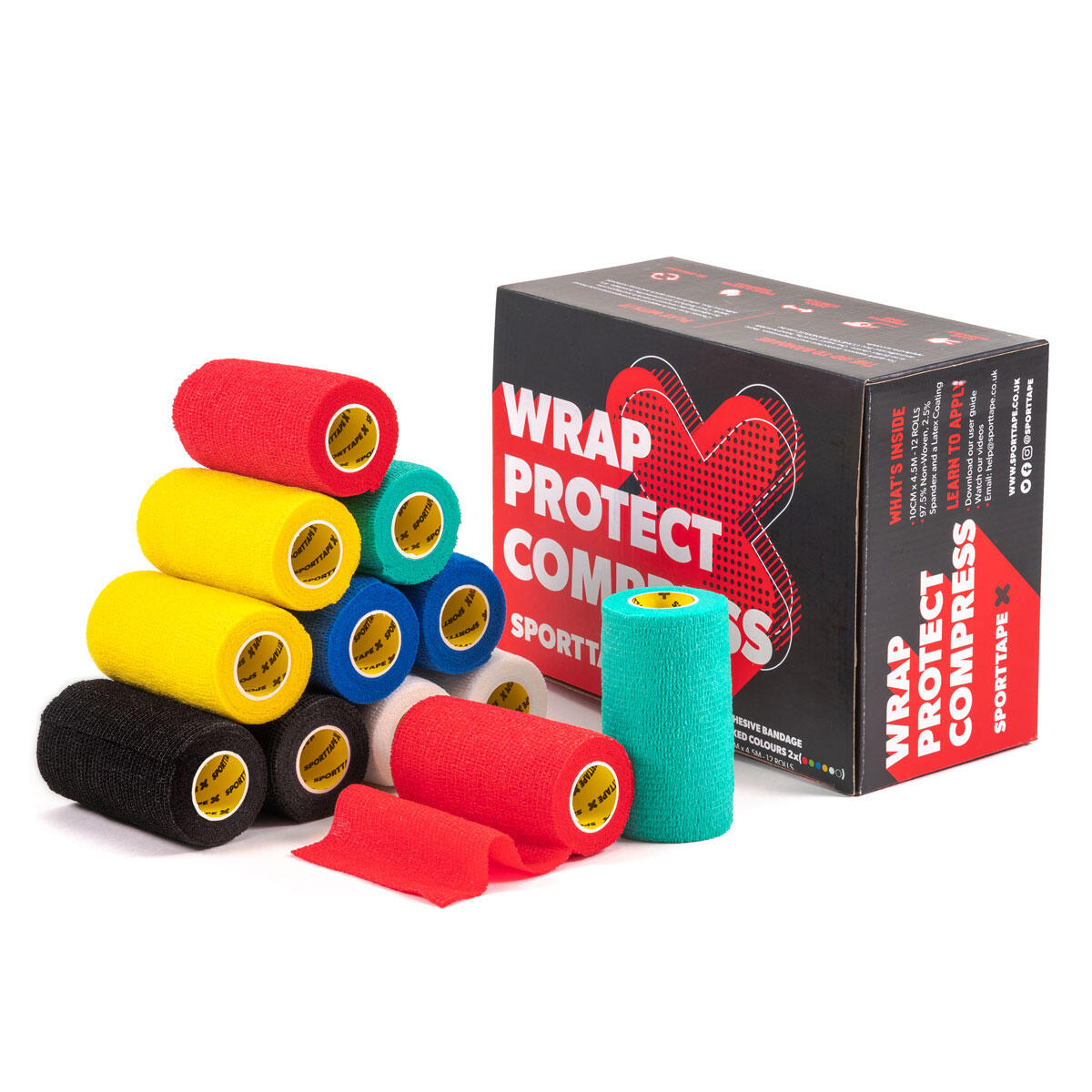 SPORTTAPE COHESIVE BANDAGE - 10CM x 4.5M - MULTI COLOUR - PACK OF 12 ROLLS