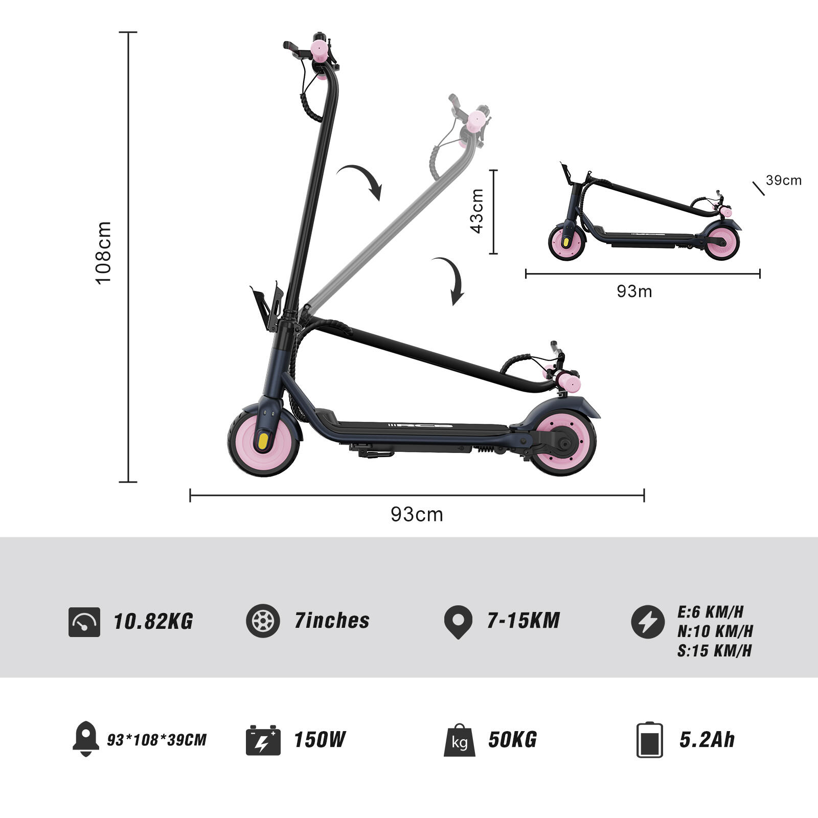 RCB R7X Trottinette électrique pour Enfants, Max Autonomie 15KM, Max Vitesse 15KMH, 7 pneus, Trottinette électrique Pliable avec Absorption des Chocs, Dual Freins, Cadeau pour Enfants de 8 à 12 Ans