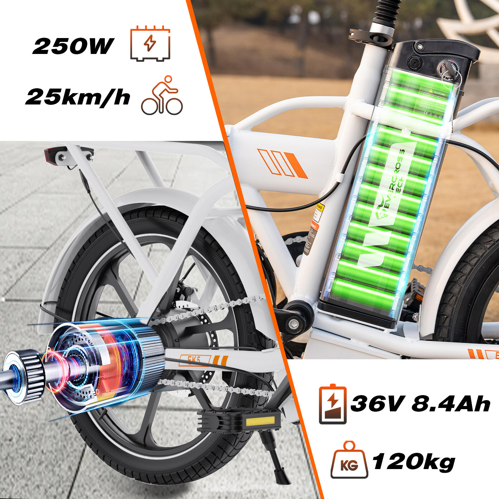 Kompaktes Leichtes Faltbares E-Bike 250W – EVERCROSS EK5 Weiß 4/8