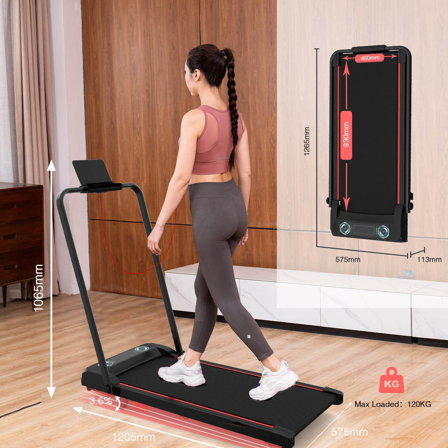 Cinta de Correr Plegable e Inclinable 3.6%-ZX4-1400W-10KM/H-LCD-Control Remoto 3/7