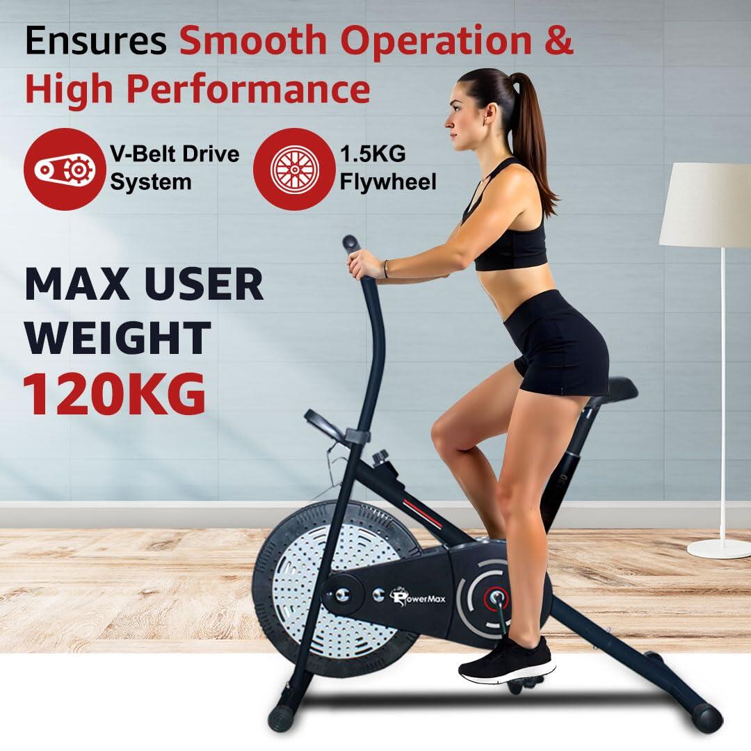 PowerMax Fitness BA-130 Air Bike Exercise Cycle for Home-Gym Workout with 1.5kg Fly wheel, Non-Slip Pedals _PIPE_Fixed Handle Gy
