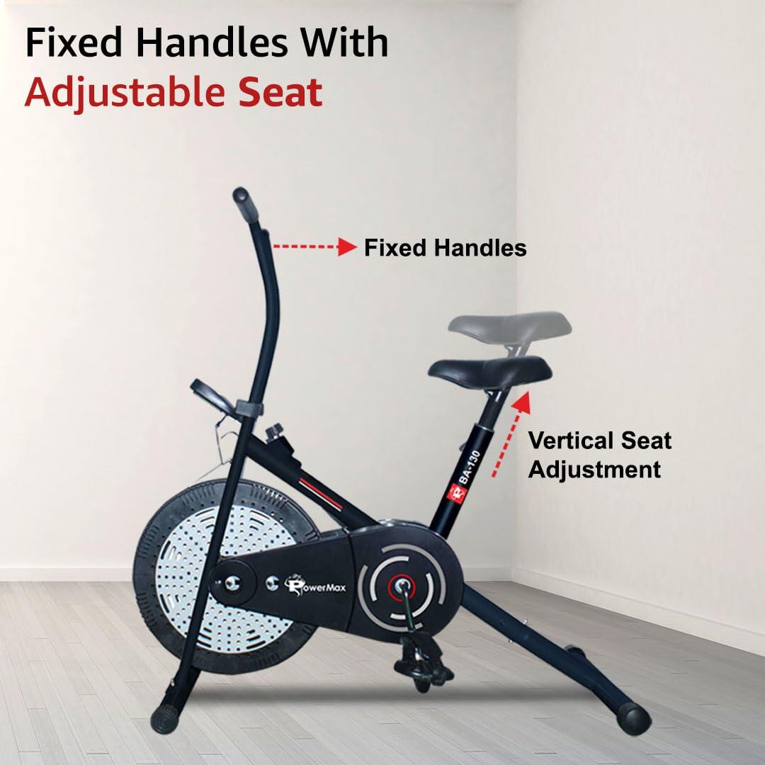 PowerMax Fitness BA-130 Air Bike Exercise Cycle for Home-Gym Workout with 1.5kg Fly wheel, Non-Slip Pedals _PIPE_Fixed Handle Gy