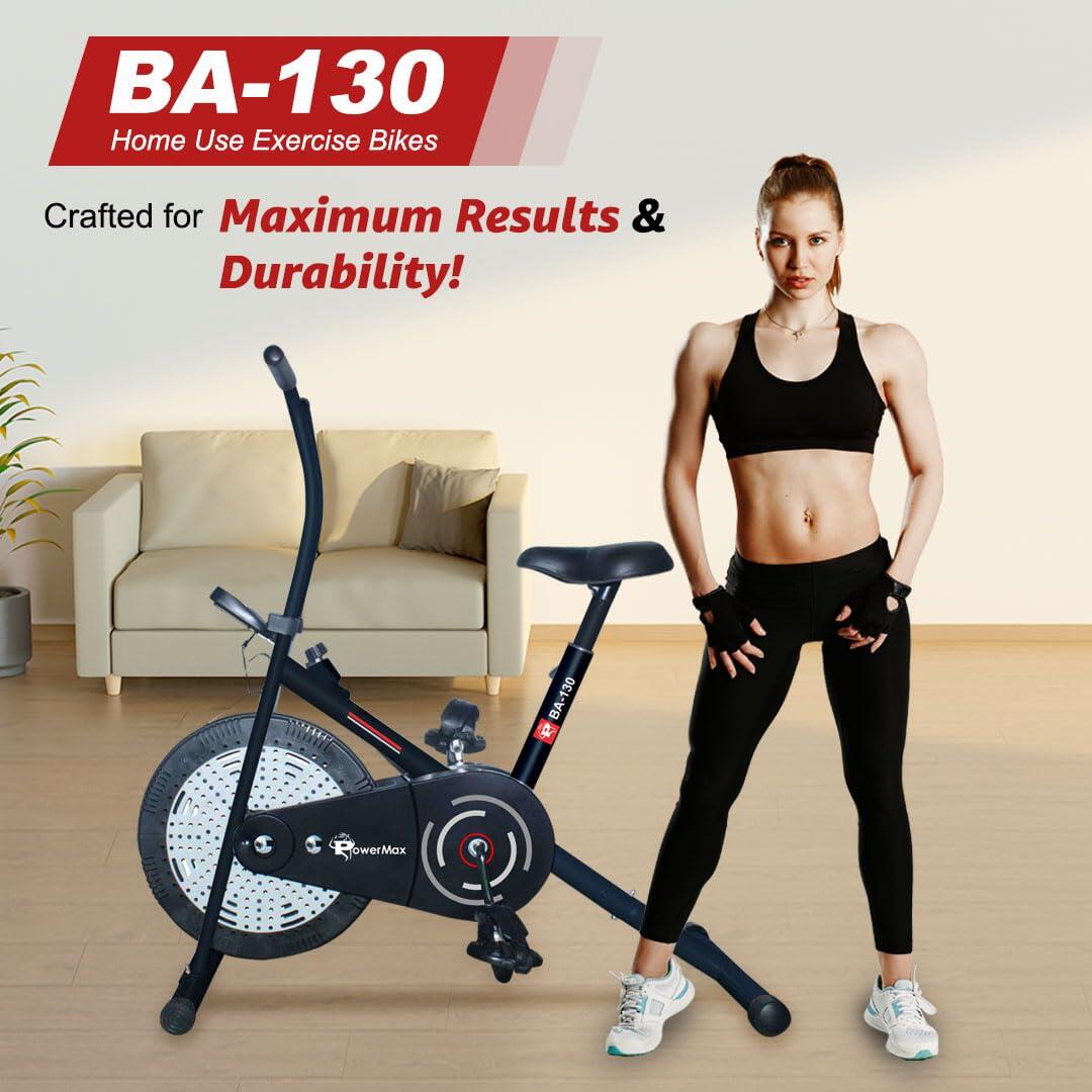 PowerMax Fitness BA-130 Air Bike Exercise Cycle for Home-Gym Workout with 1.5kg Fly wheel, Non-Slip Pedals _PIPE_Fixed Handle Gy