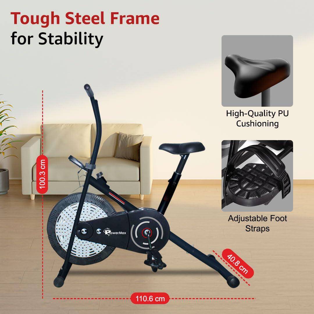 PowerMax Fitness BA-130 Air Bike Exercise Cycle for Home-Gym Workout with 1.5kg Fly wheel, Non-Slip Pedals _PIPE_Fixed Handle Gy -  2