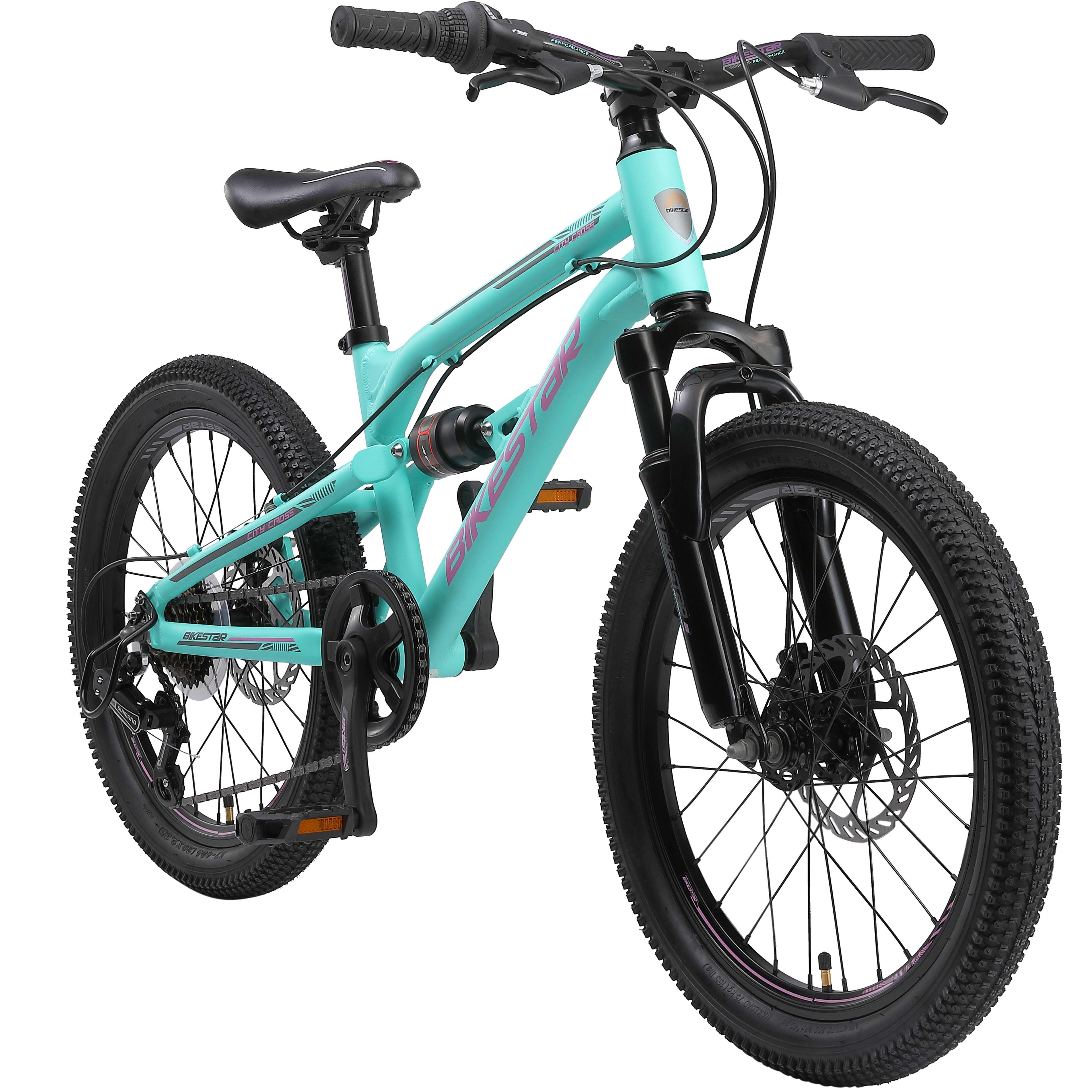 Bikestar VTT Vélo Tout Terrain Tout Suspendu Pour Enfants De 6 Ans | Bicyclette 20 Pouces, Cadre 11", 7 Vitesses Shimano, Freins Disque | Menthe