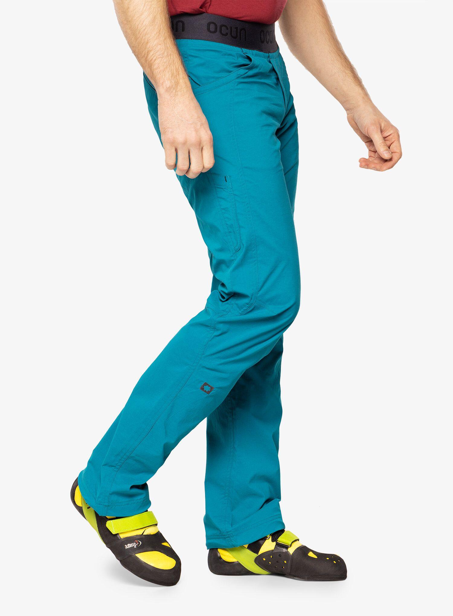 Pantalon escalade Ocún MÁNIA ECO turquoise, 55% polyamide recyclé, ergonomique 3/7