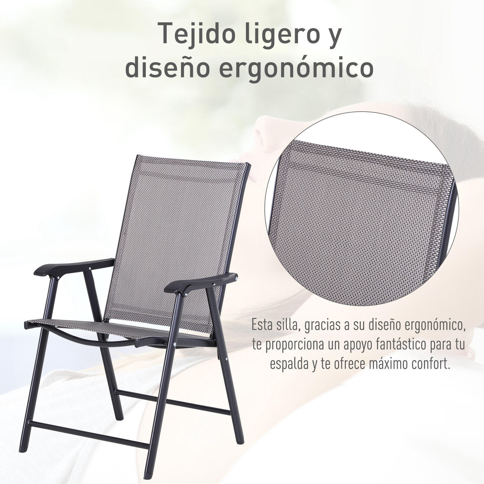 Conjunto de 2 Sillas Plegables Outsunny 58x64x94 cm gris y negro 4/6