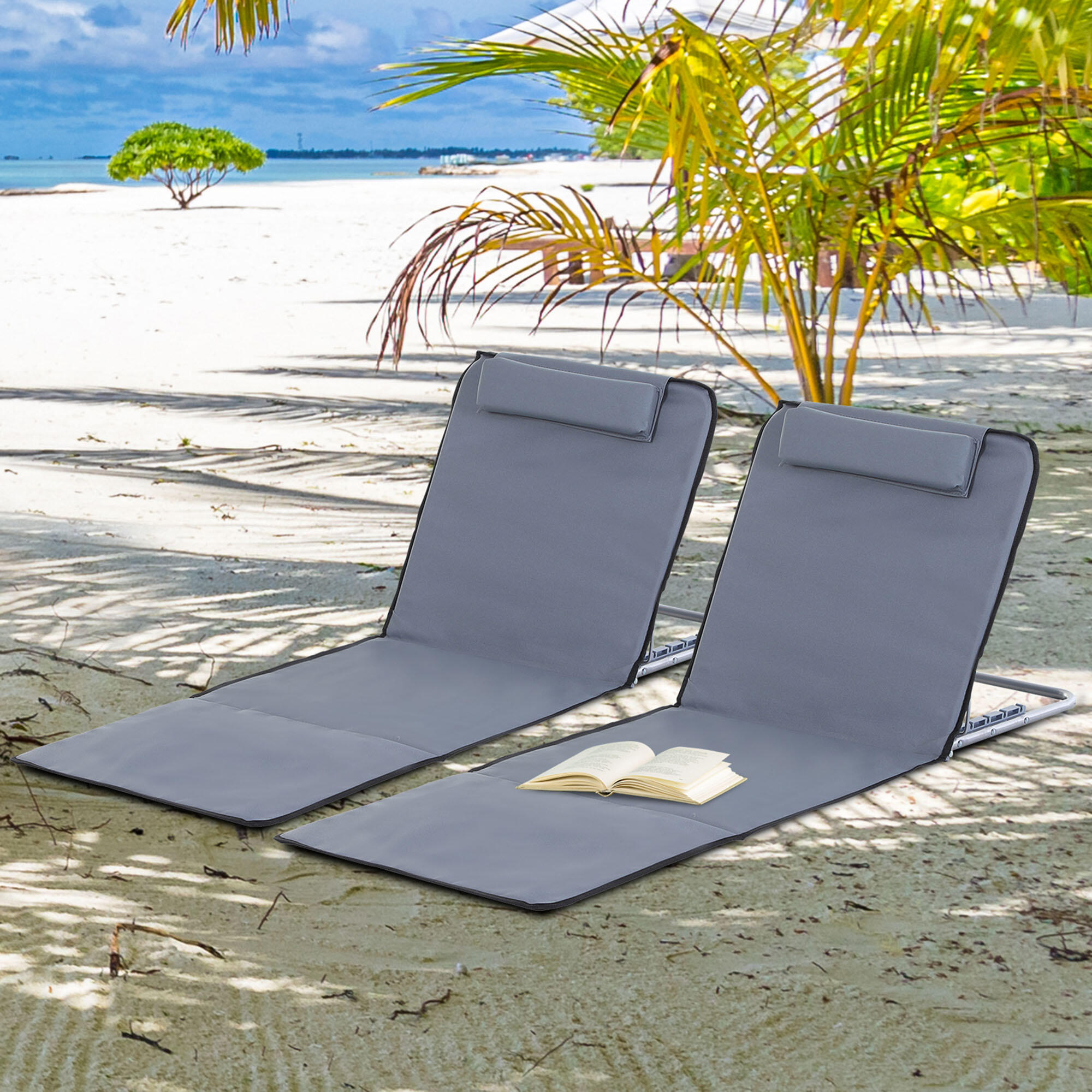 Outsunny Set 2 Pzi Lettini Spiaggia Pieghevoli Schienale Regolabile Grigio 2/8