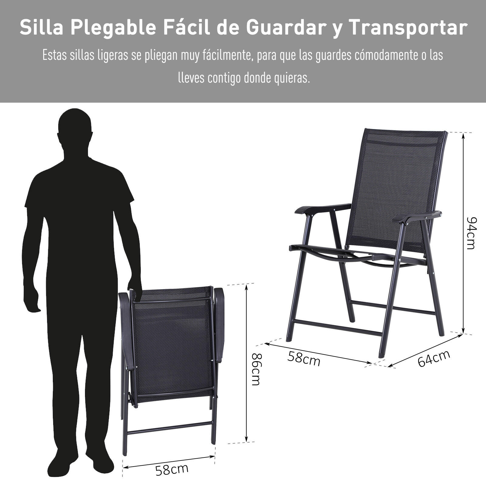 Conjunto de 2 Sillas Plegables Outsunny 58x64x94 cm negro 4/6