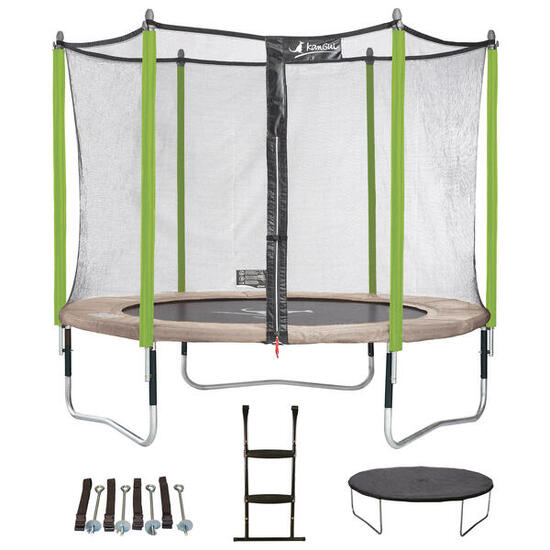 Jumpi Taupe/Grün 300 Trampolin + Leiter + Abdeckung + Verankerungsset