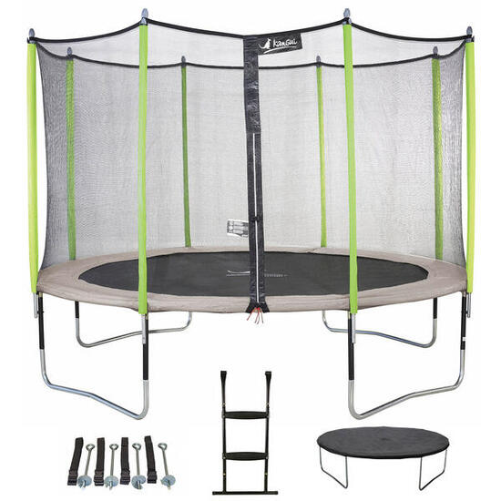 Trampoline 365 cm + filet + échelle + bâche + kit d'ancrage JUMPI Taupe/Vert 36