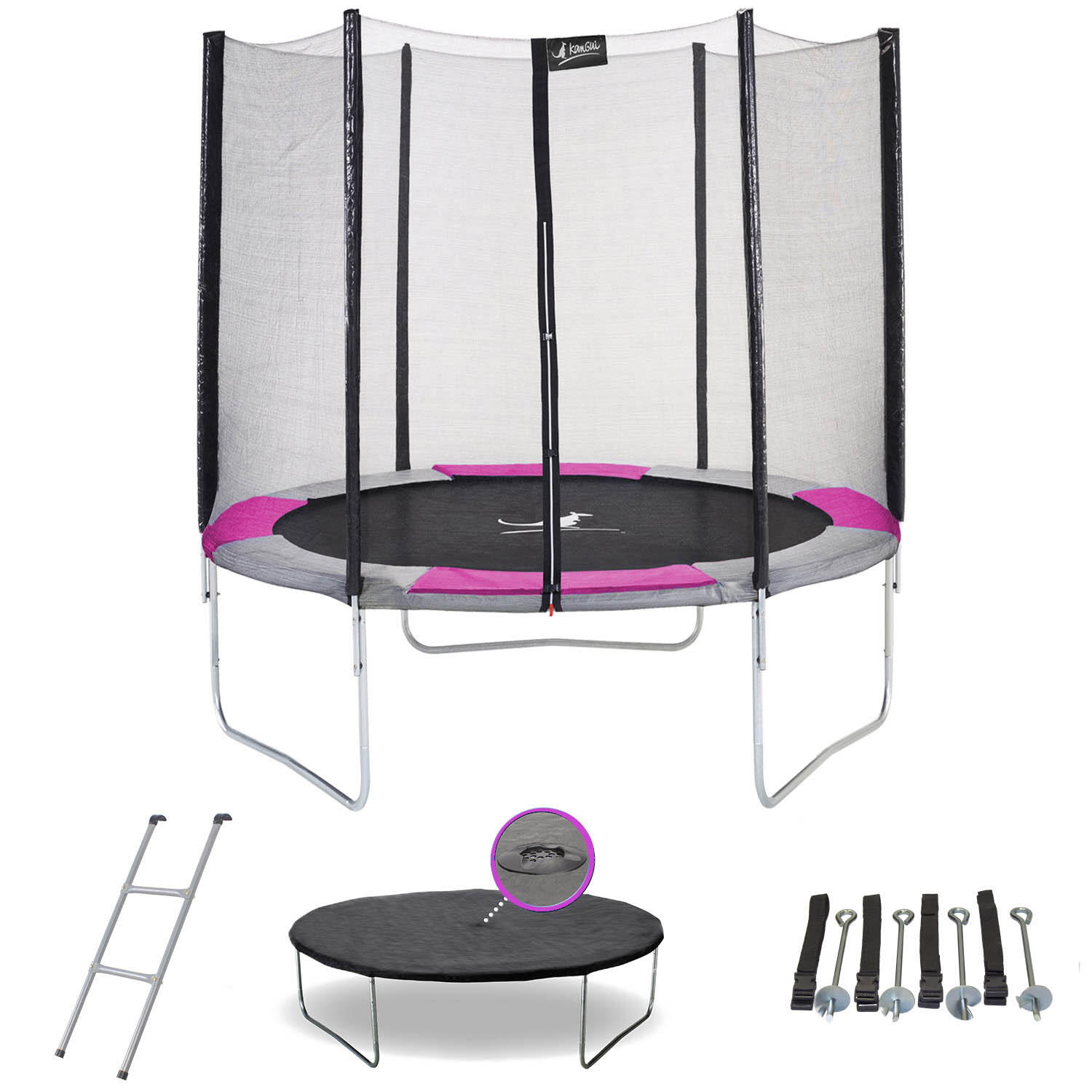 Kangui - Trampoline Rond Ø250cm Avec Filet, Échelle, Bâche Et Kit Ancrage- Ralli 250 - Trampoline - Gris|rose - 245cm - Decathlon