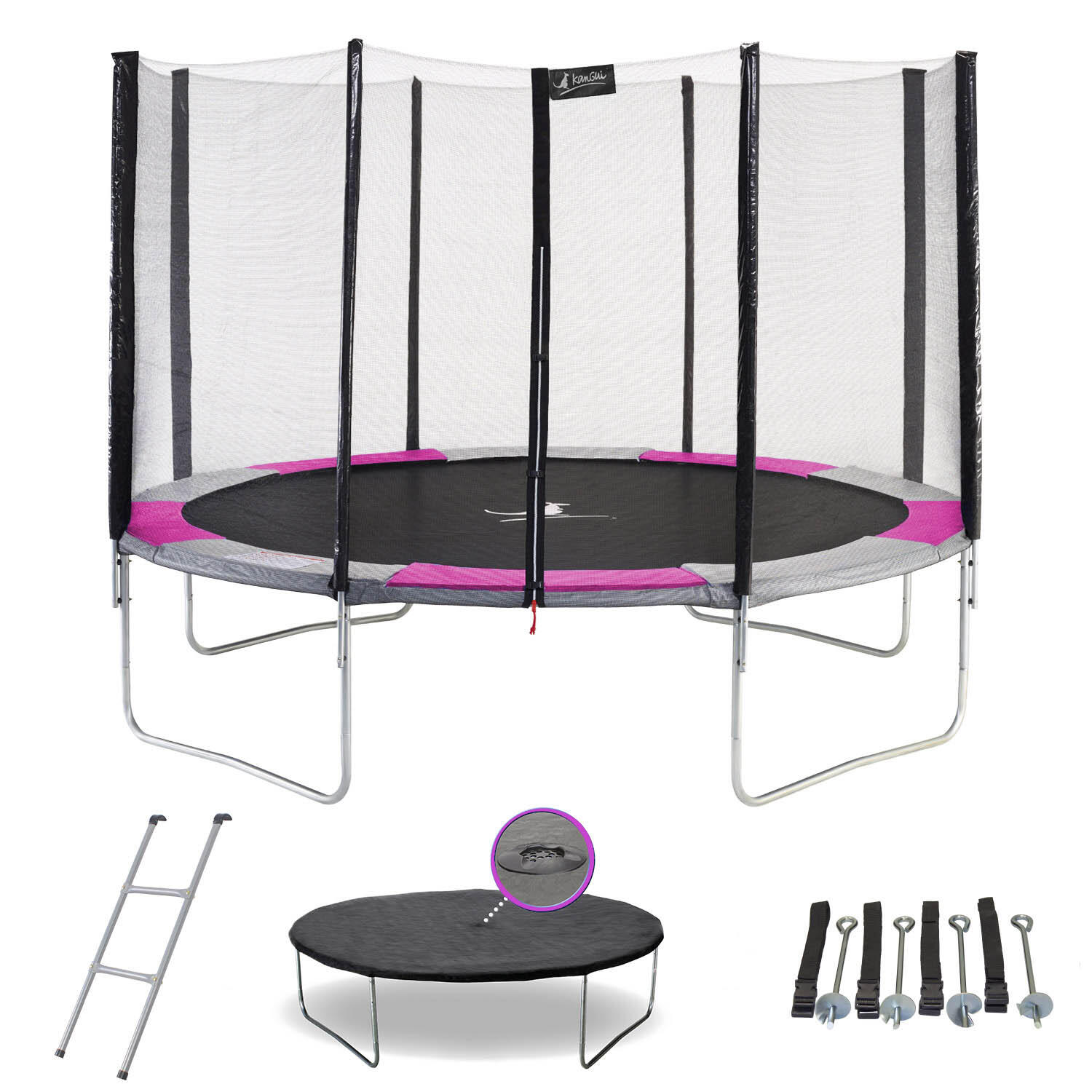 Kangui - Trampoline Rond Ø360cm Avec Filet, Échelle, Bâche Et Kit Ancrage - Ralli 360 - Trampoline - Gris|rose - Decathlon