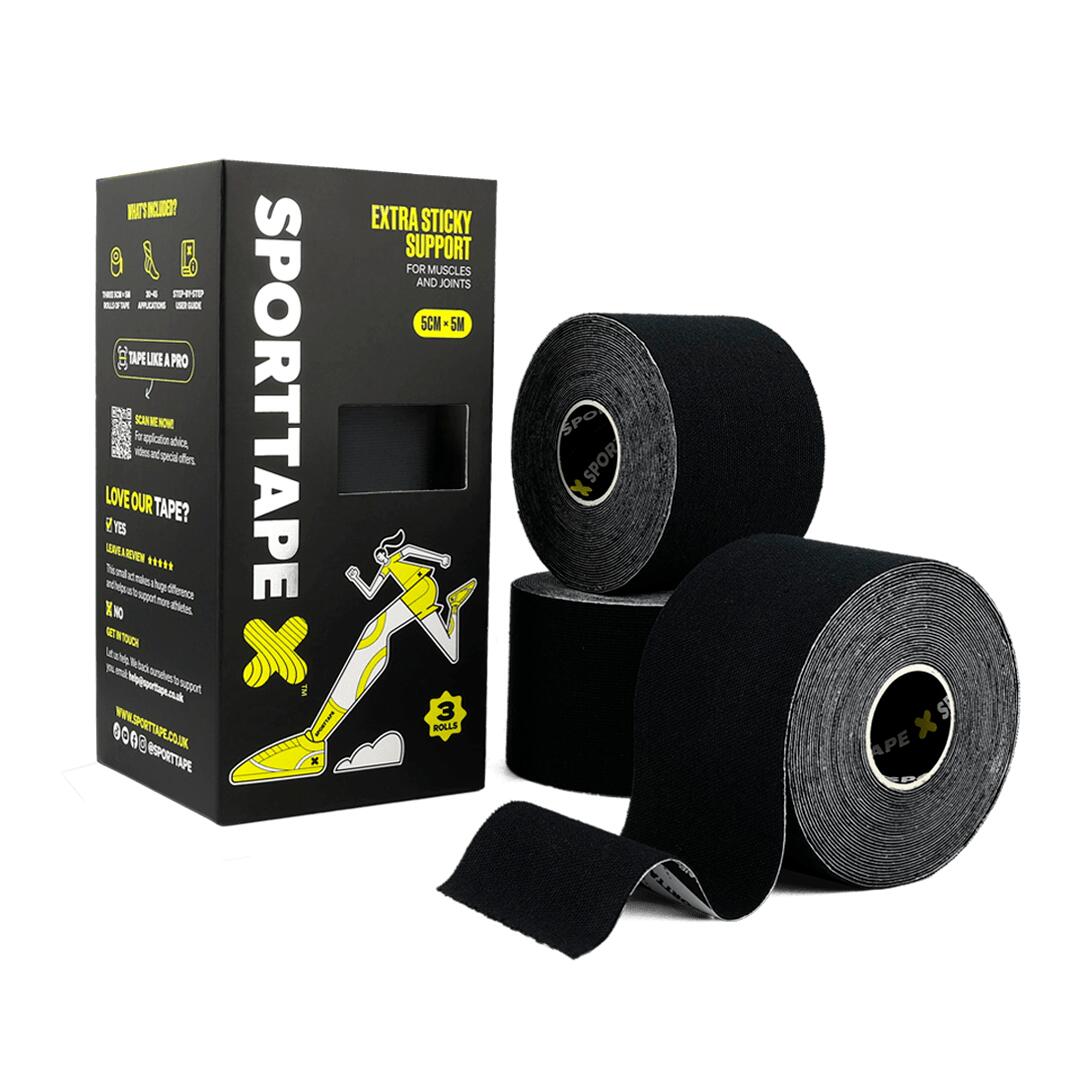 SPORTTAPE KINESIOLOGY TAPE - 5CM x 5M - BLACK - PACK OF 3 ROLLS