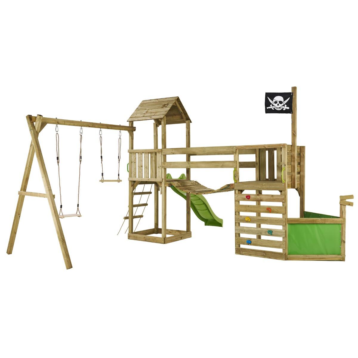 Speelgedeelte: schommel, glijbaan, trapeze, klimwand, brug 1/5
