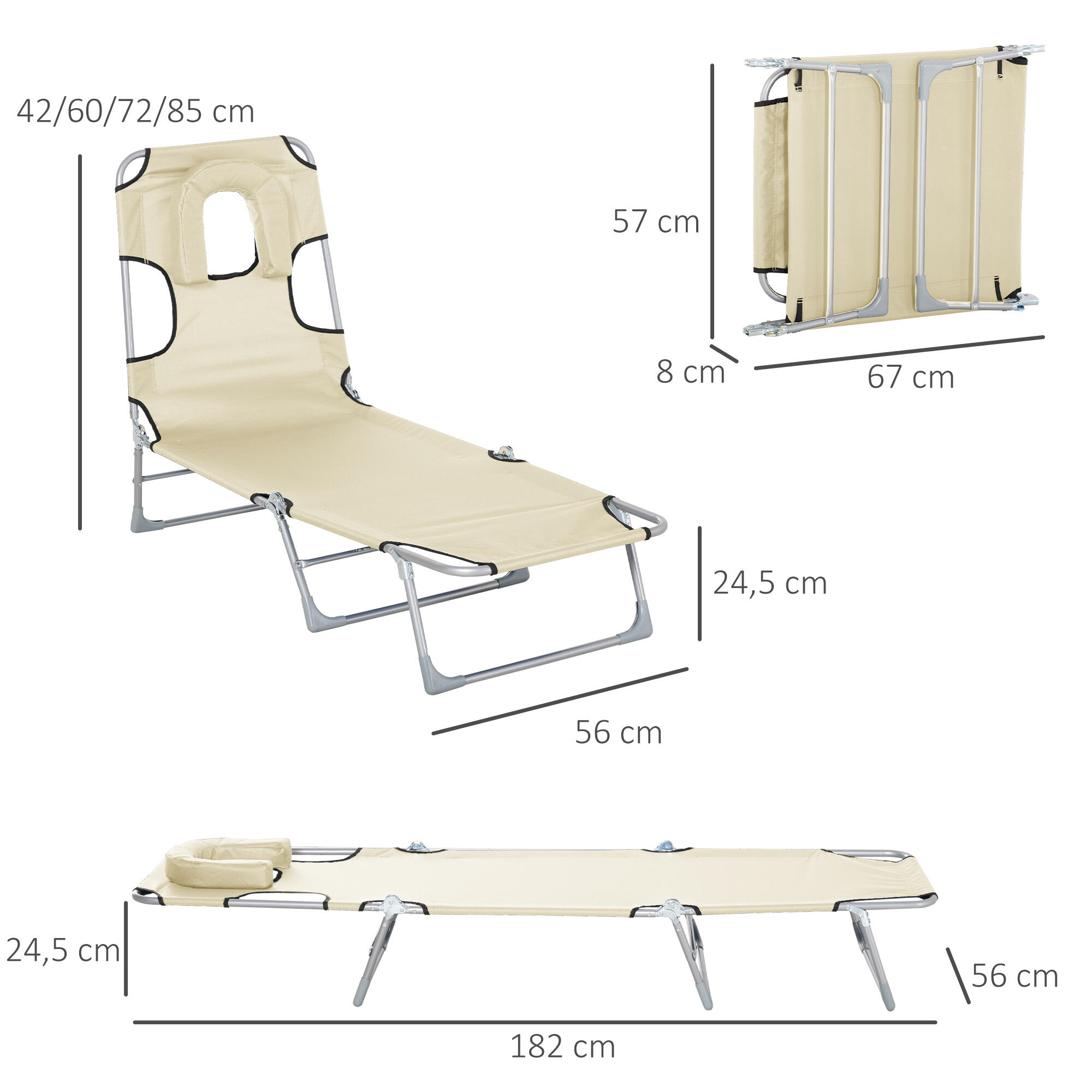 Outsunny Espreguiçadeira de campismo Reclinável e Dobrável 182x56x24,5 cm Bege 3/7