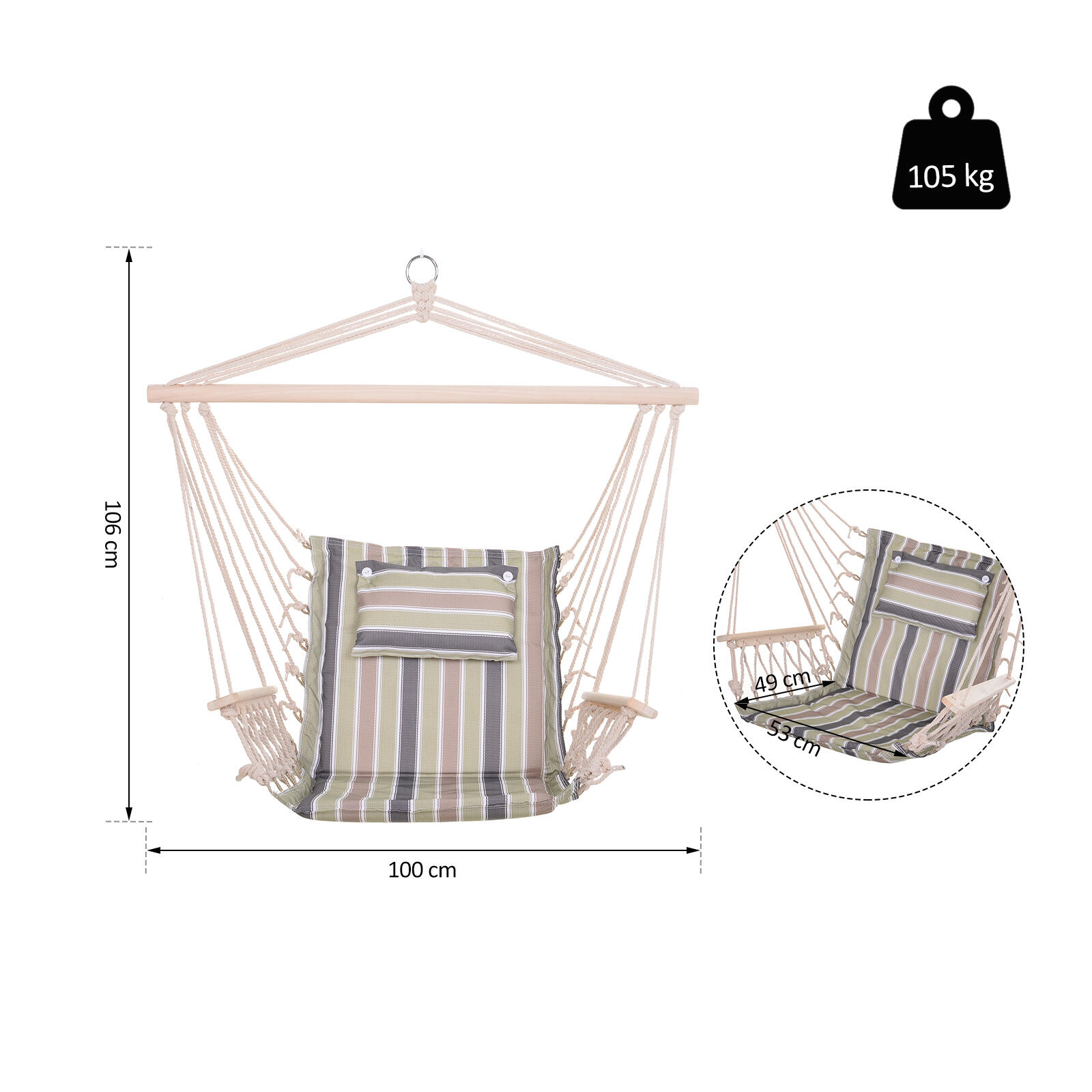 Silla Colgante Outsunny 100x106 cm Rayas Multicolor 3/7