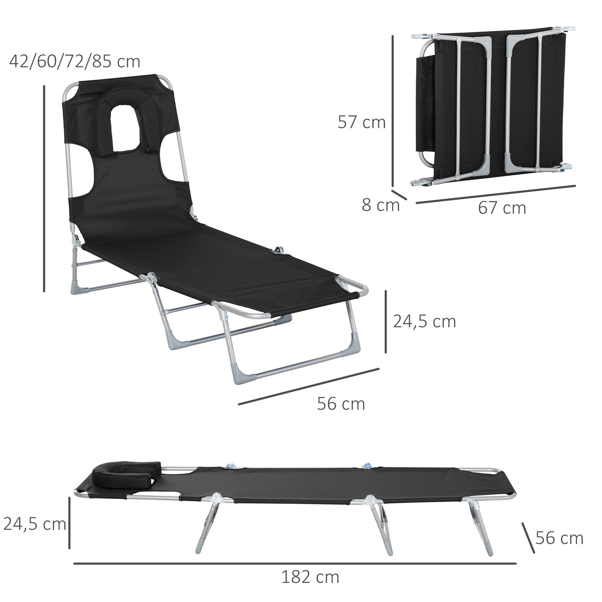 Tumbona Reclinable Outsunny 182x56x28 cm Negro 3/7