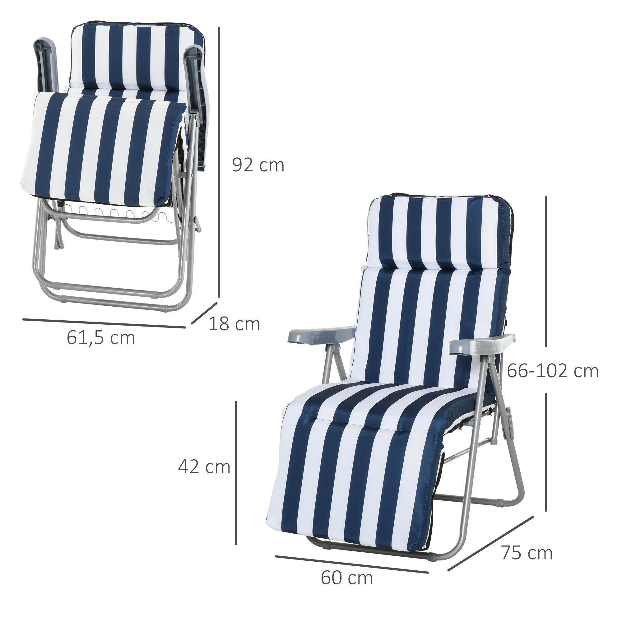 Outsunny Conjunto de 2 Cadeiras de Praia 60x75x102cm Azul Branco 3/6