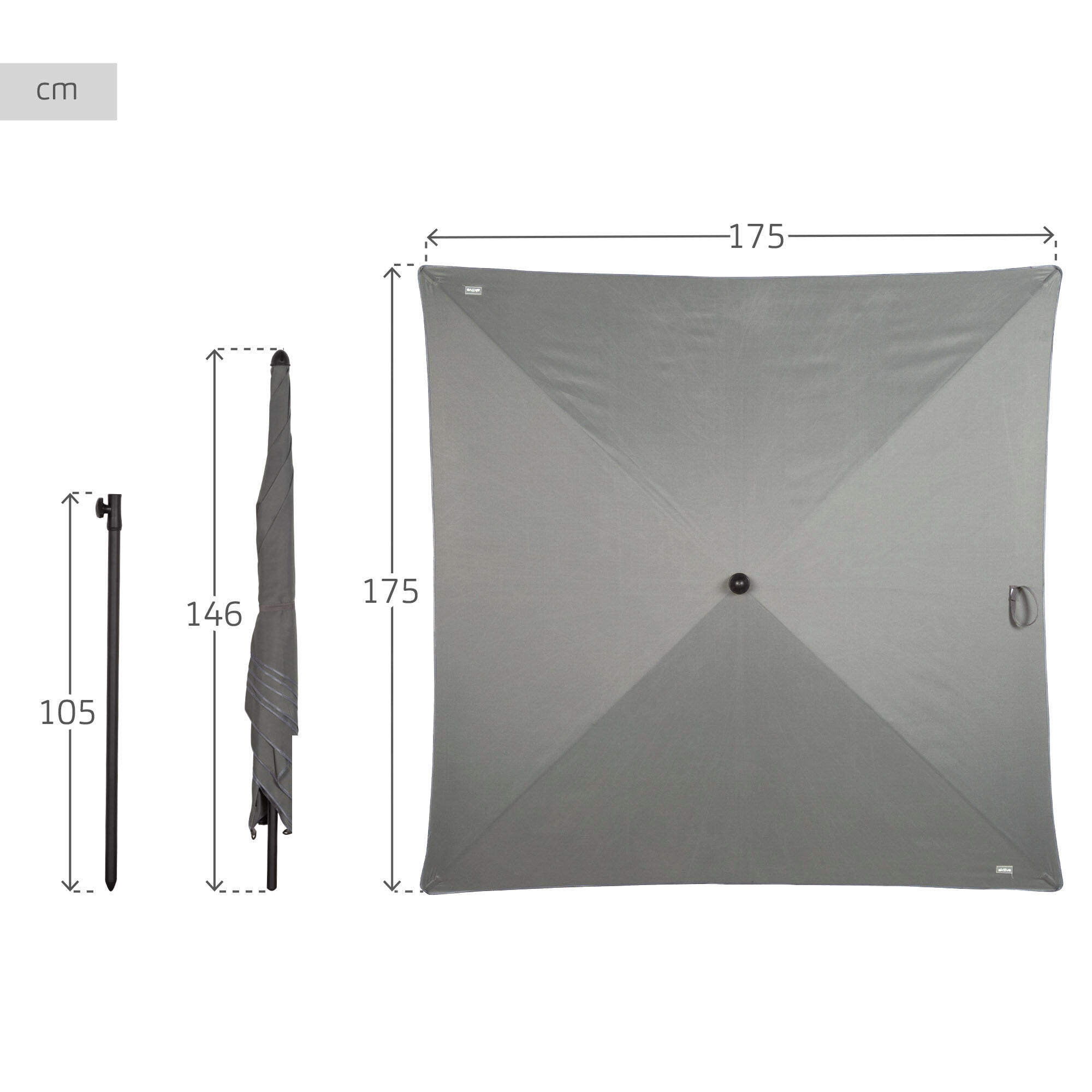 Aktive Parasol de jardin carré 175x175 cm gris avec mât inclinable 4/7