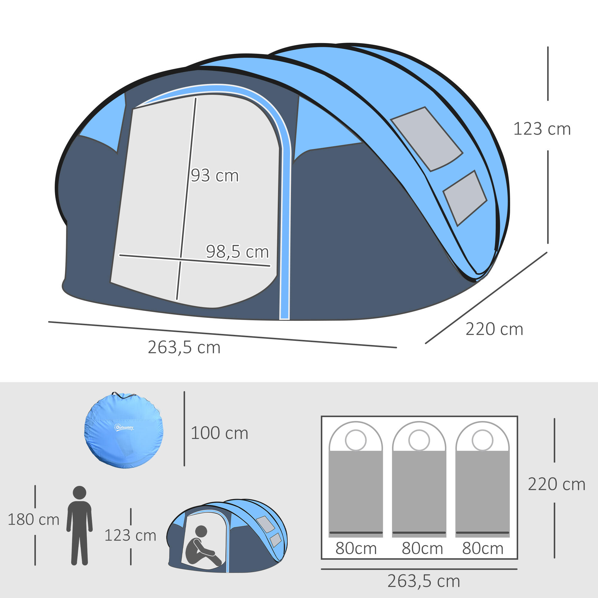 Tienda de Campaña Outsunny 263.5x220x123 cm Azul 3/7