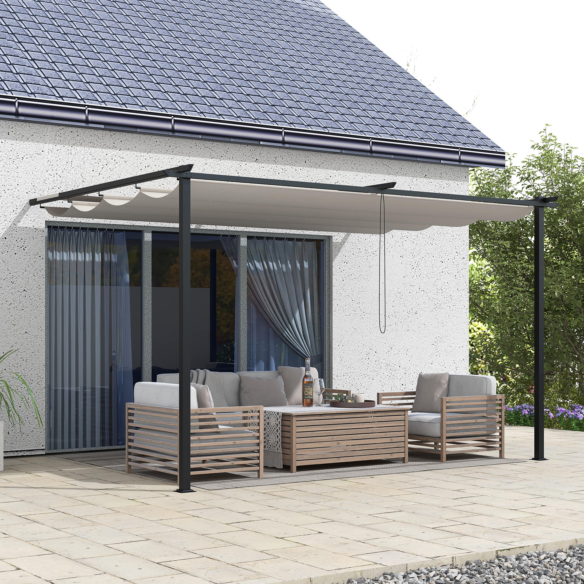 Pérgola de parede 390x290x220 cm creme branco Outsunny 2/7