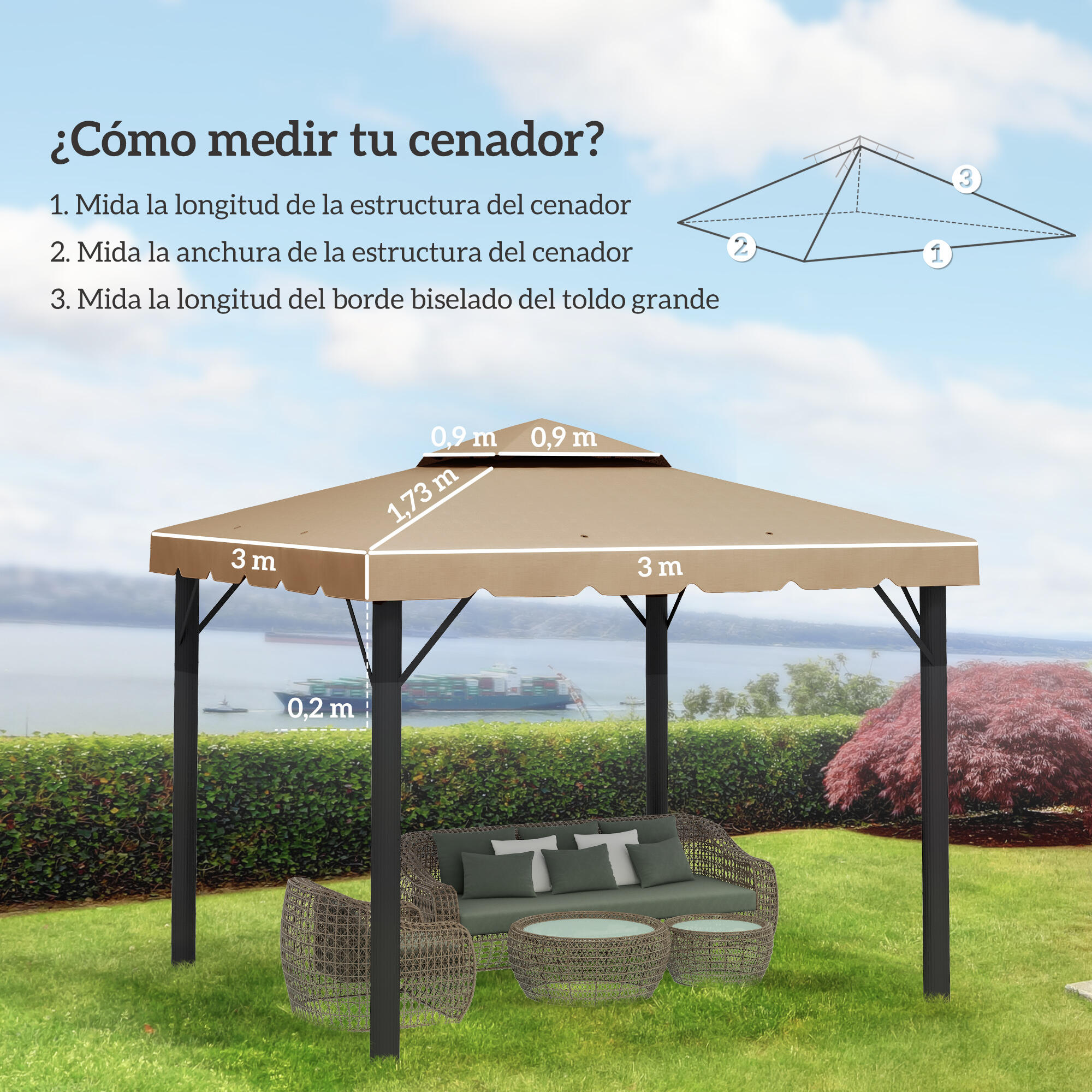 Techo de Repuesto Outsunny 300x300 cm Caqui 3/7