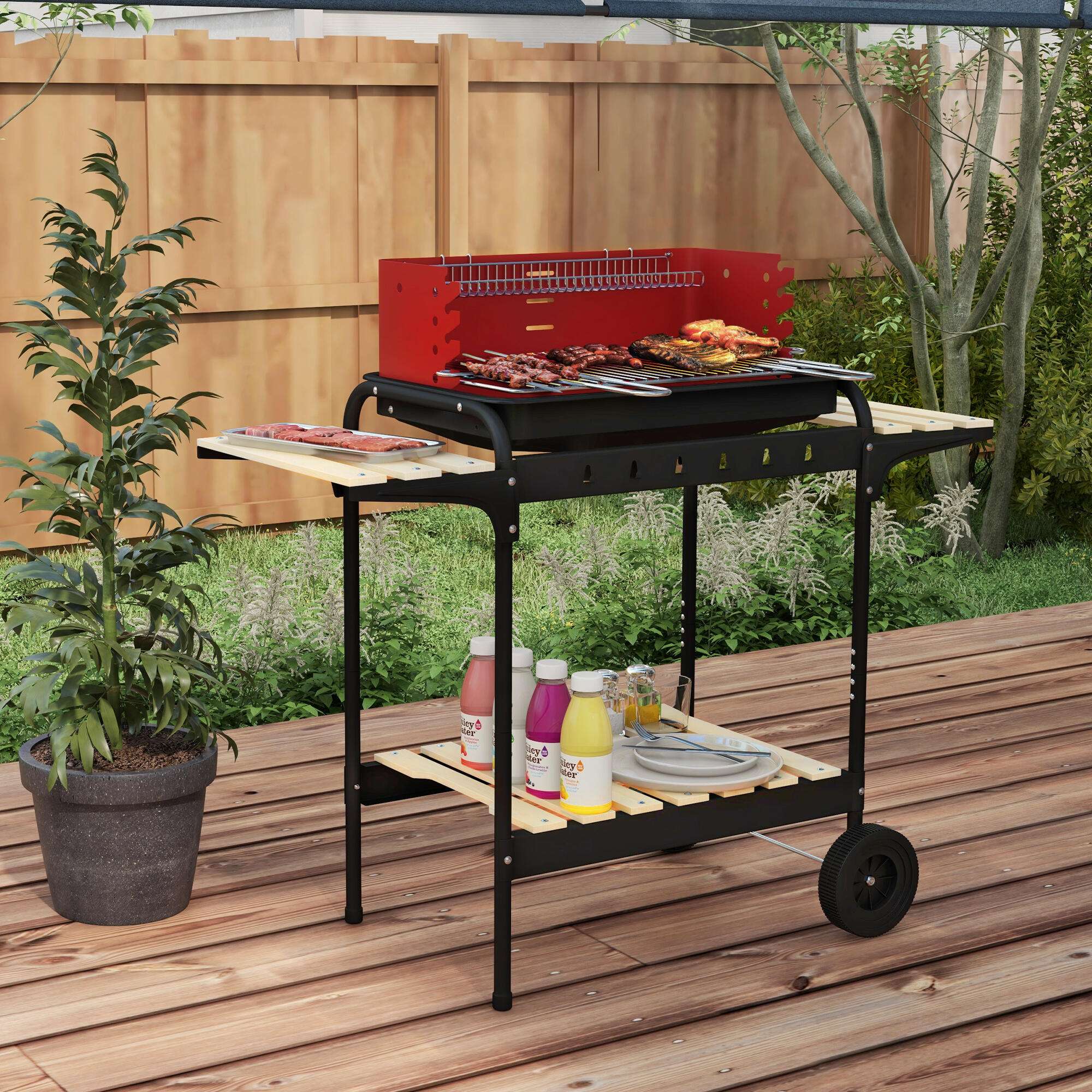 Barbacoa de Carbón Outsunny 103x47x95 cm Rojo 2/7