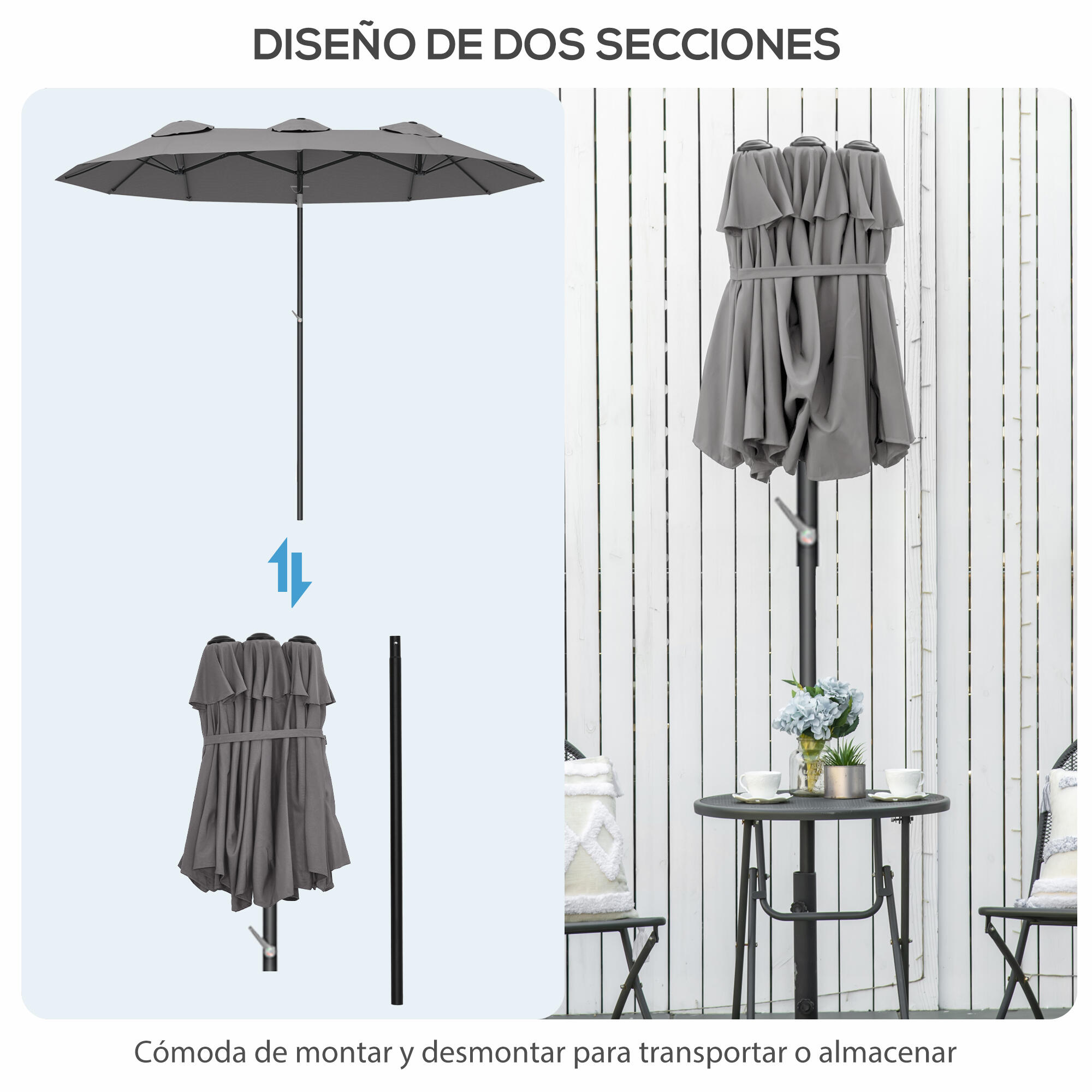 Sombrilla doble con inclinación de 45° Outsunny 285x147x227 cm gris 6/7