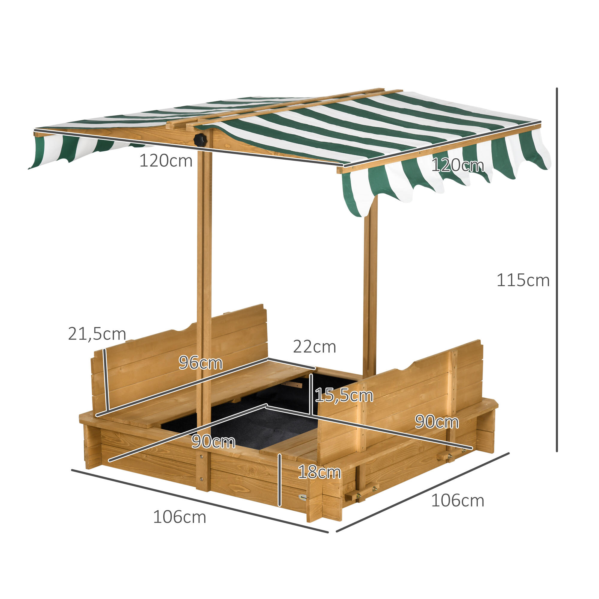Caixa de areia para crianças natural, verde e branco Outsunny 3/7