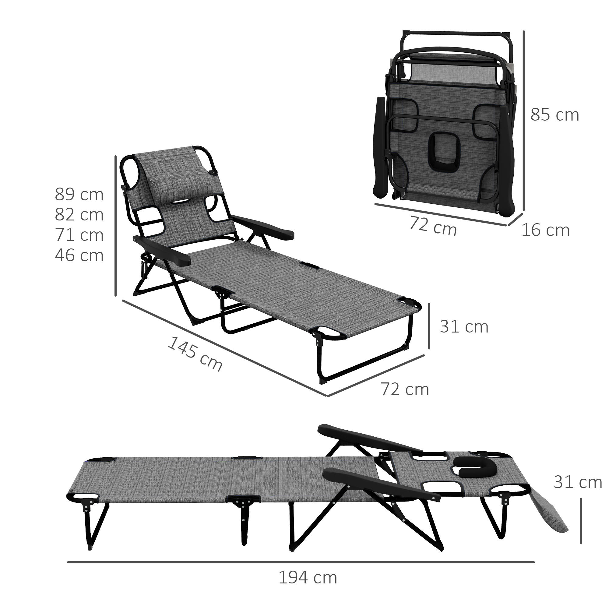 Tumbona Plegable Outsunny 194x72x31 cm Gris 3/7