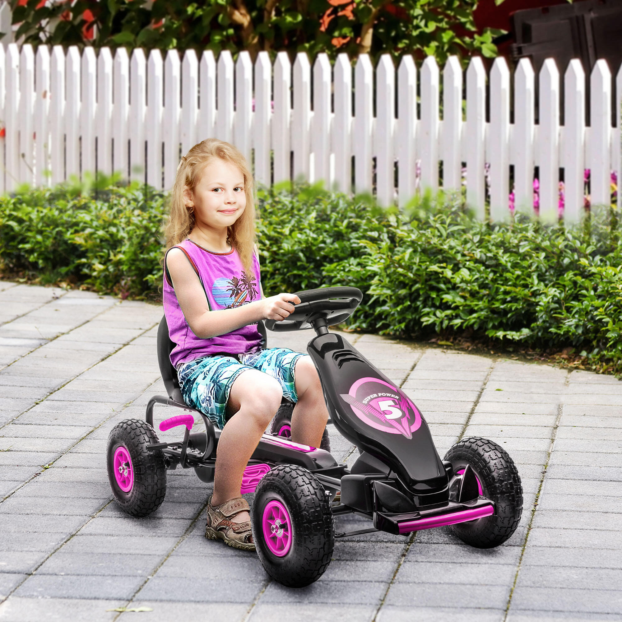 HOMCOM Go-Kart per Bambini 5+ Anni con Pedali e Sedile Regolabile, Rosa e Nero 2/7