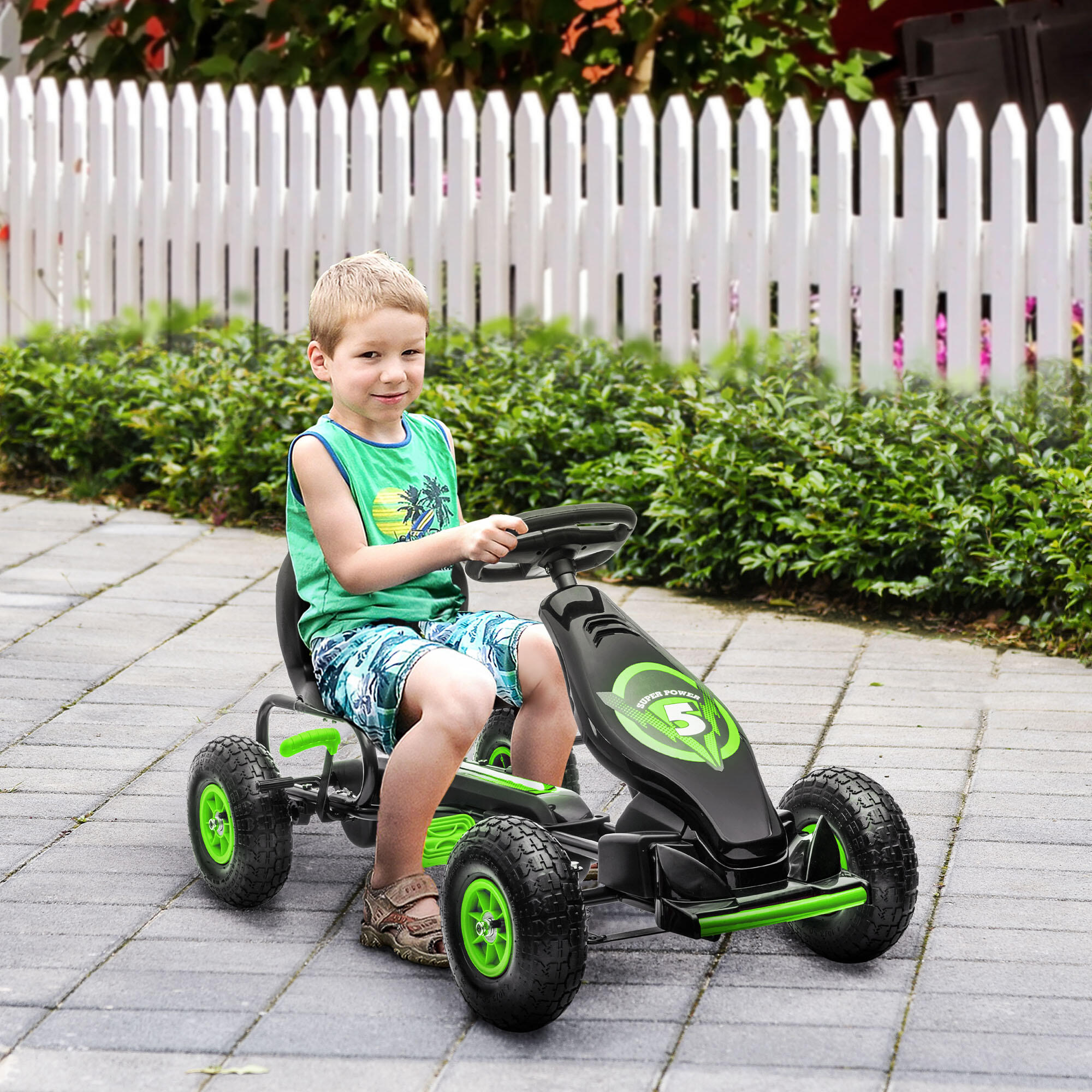 HOMCOM Go-Kart per Bambini 5+ Anni con Pedali e Sedile Regolabile, Verde e Nero 2/8