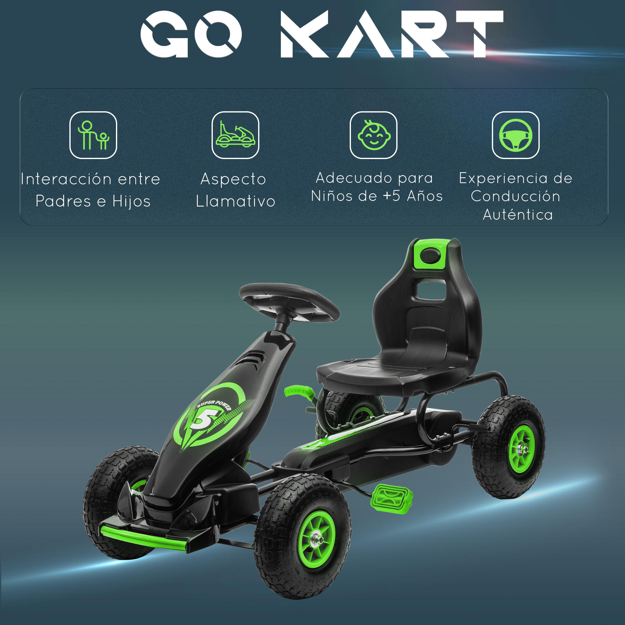 Kart Pedales HOMCOM 121x58x61 cm Negro y Verde 7/8