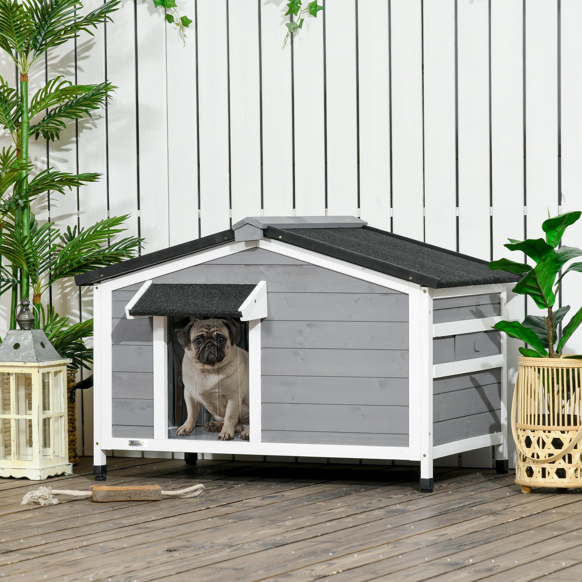 Caseta para perros de madera techo asfáltico PawHut 97x72x65 cm gris 2/7