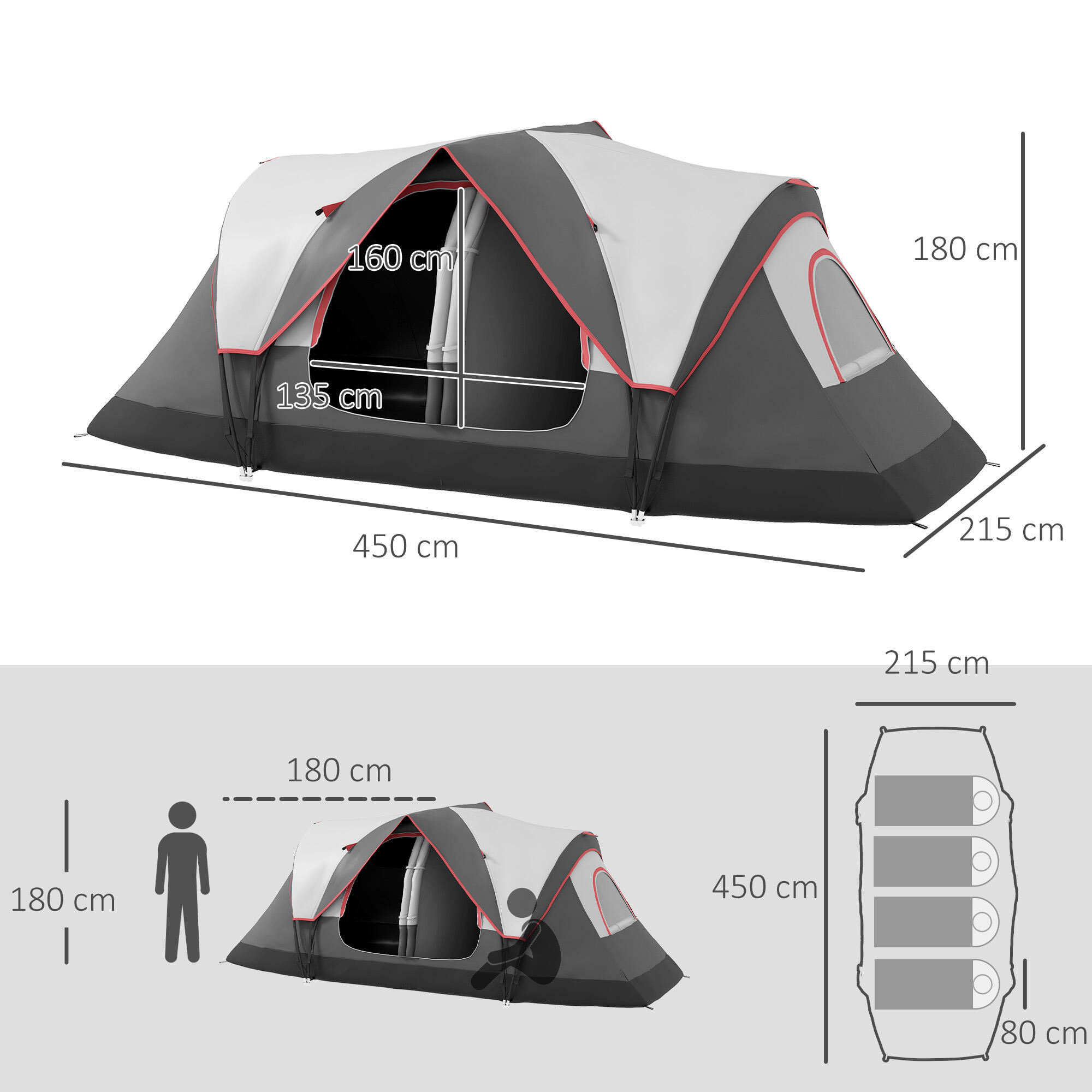Tenda de campismo familiar 450x215x180 cm cinzento Outsunny 3/7