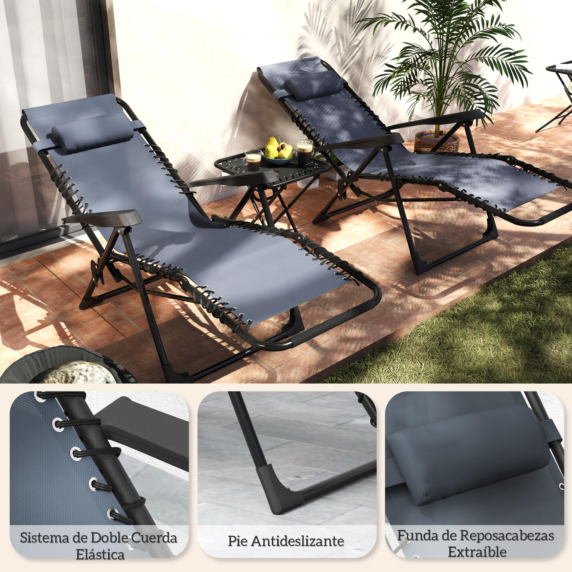 Conjunto de Tumbonas Outsunny 90x65x110 cm Gris 7/8