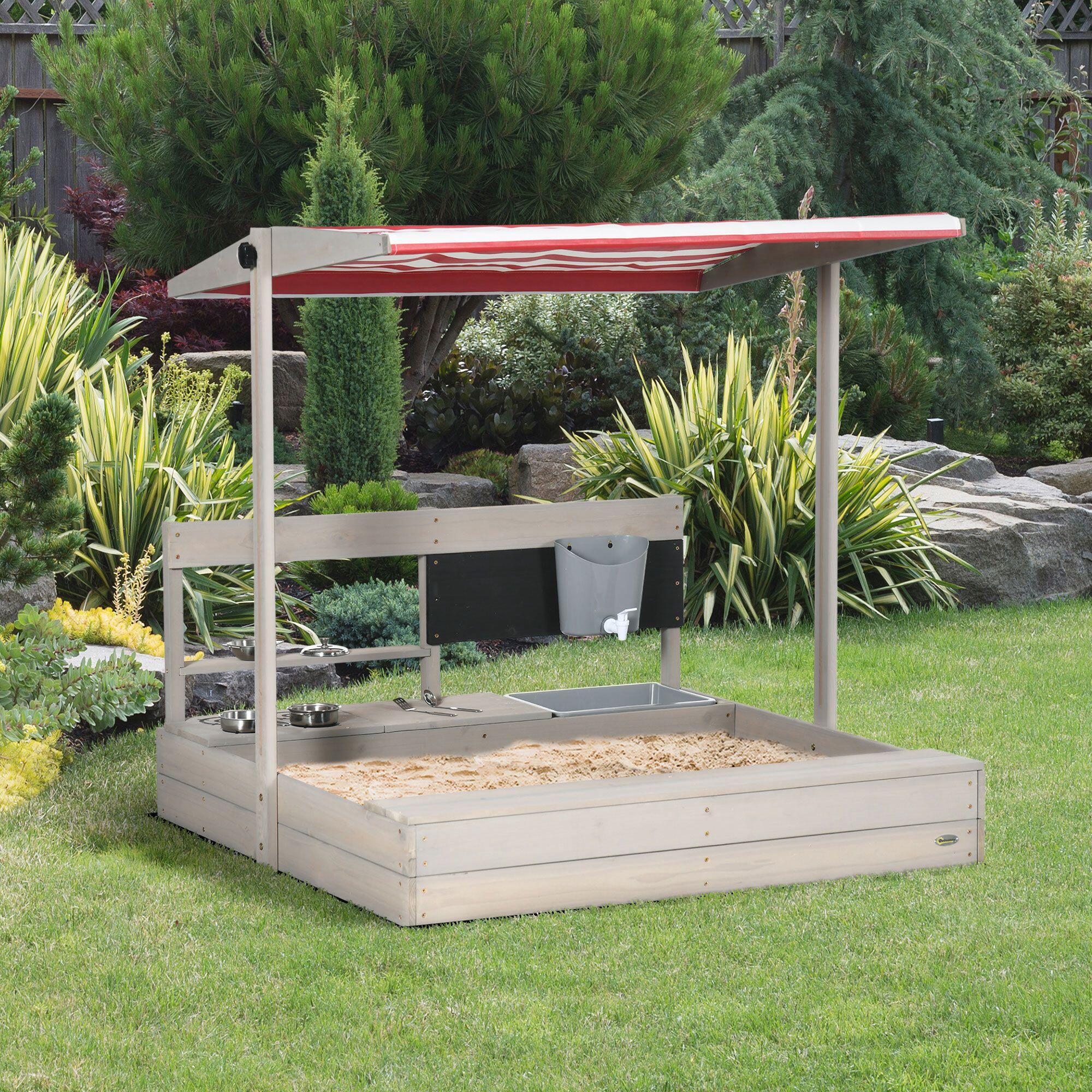 Caixa de areia para crianças 114x110x110 cm cor de madeira natural Outsunny 2/7