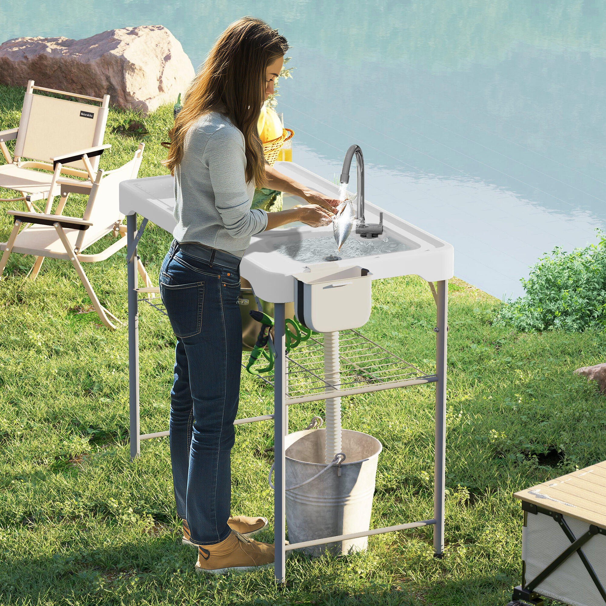 Mesa Plegable Camping Outsunny 108x58x92 cm Blanco 2/5