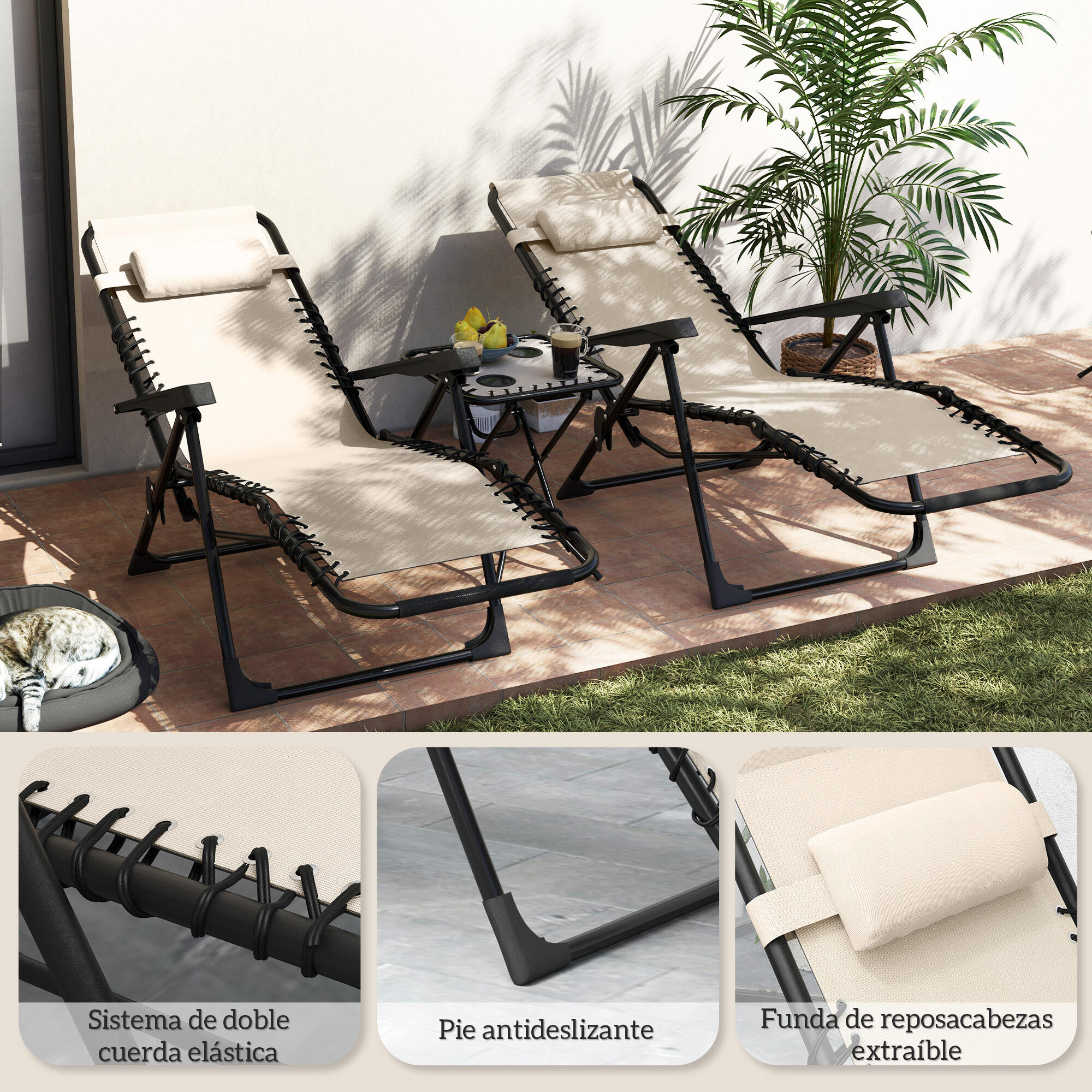Conjunto de Tumbonas Outsunny 90x65x110 cm Beige 6/7