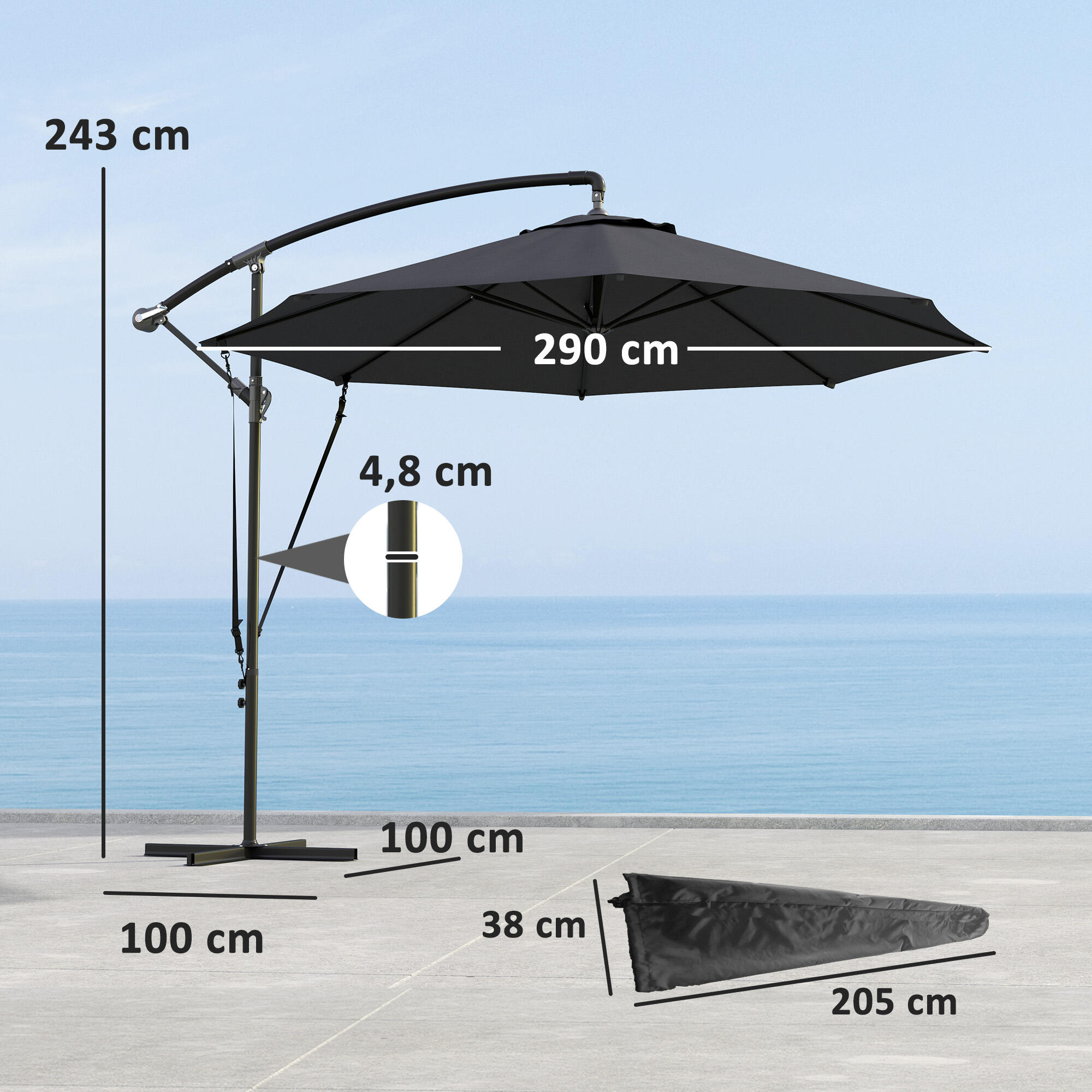 Parasol Excéntrico Outsunny 290x290x243 cm Gris Oscuro 3/8