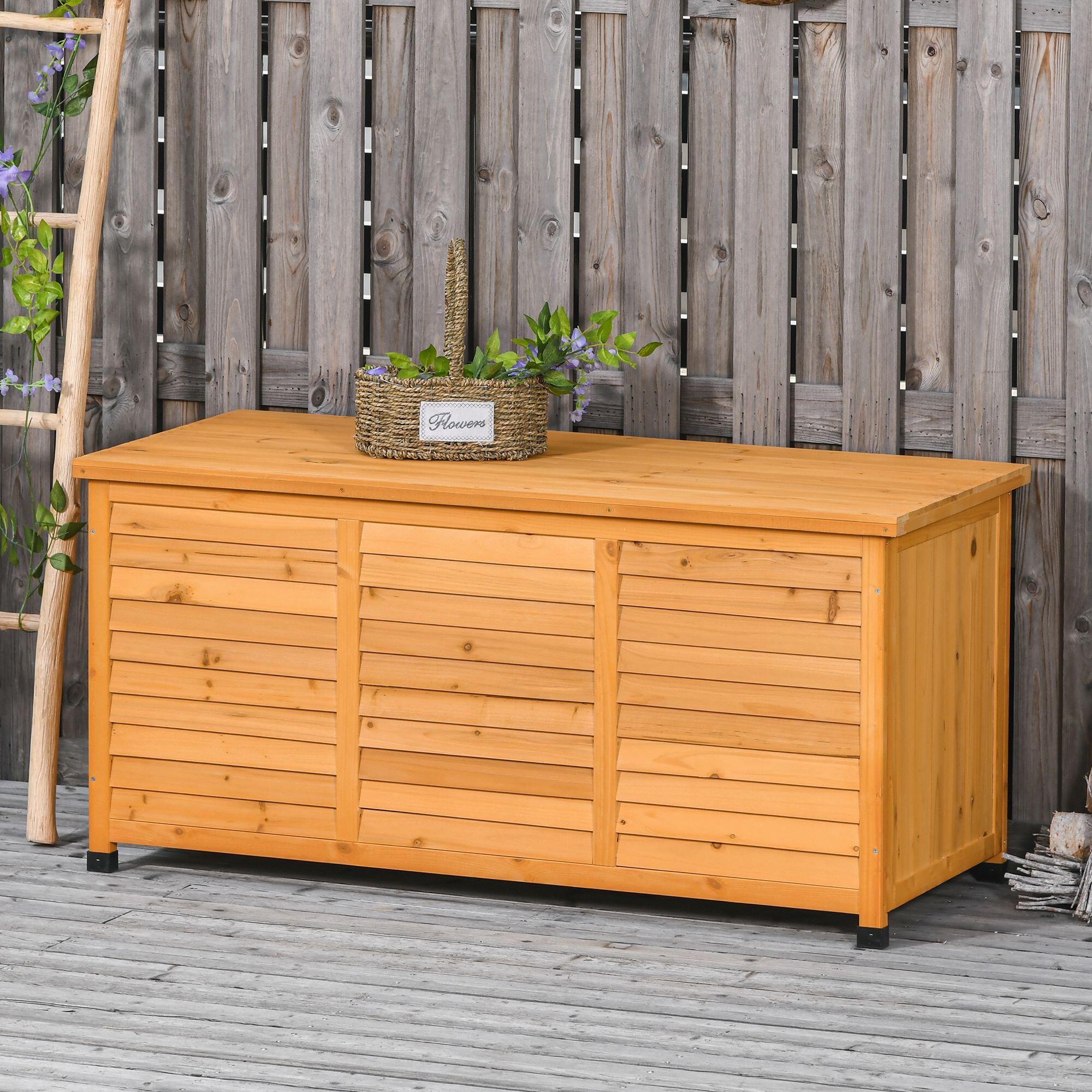 Baúl de madera exterior con tapa abrible Outsunny 127x56x60 cm blanco 2/7