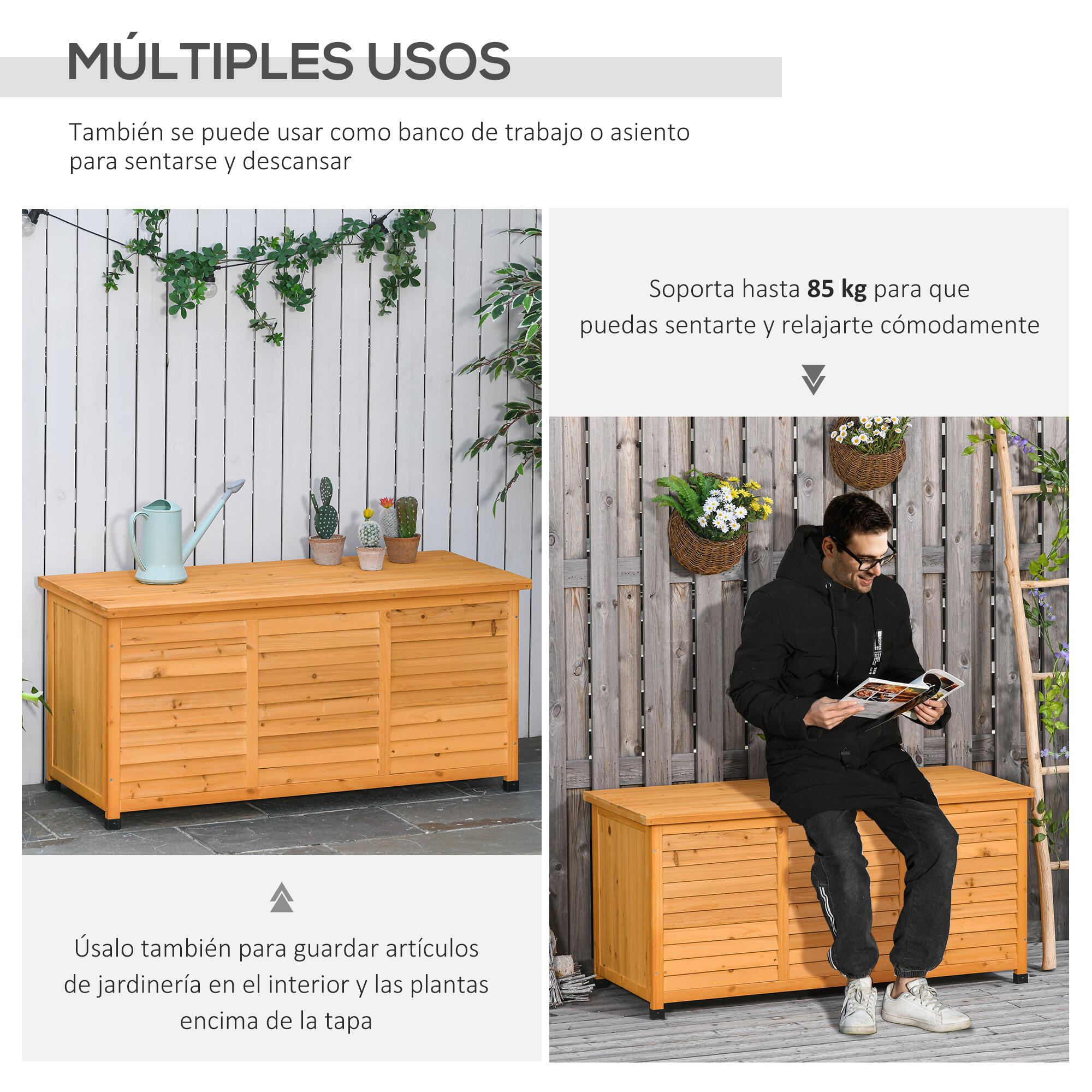 Baúl de madera exterior con tapa abrible Outsunny 127x56x60 cm blanco 6/7
