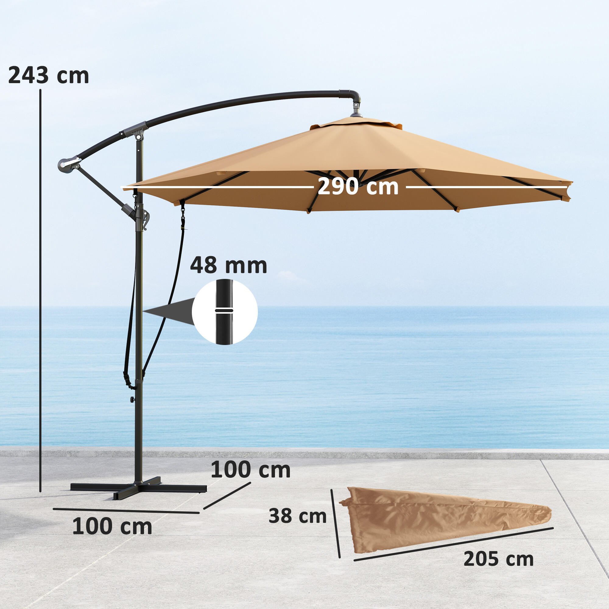 Parasol Excéntrico Outsunny 290x290x243 cm Caqui 3/8
