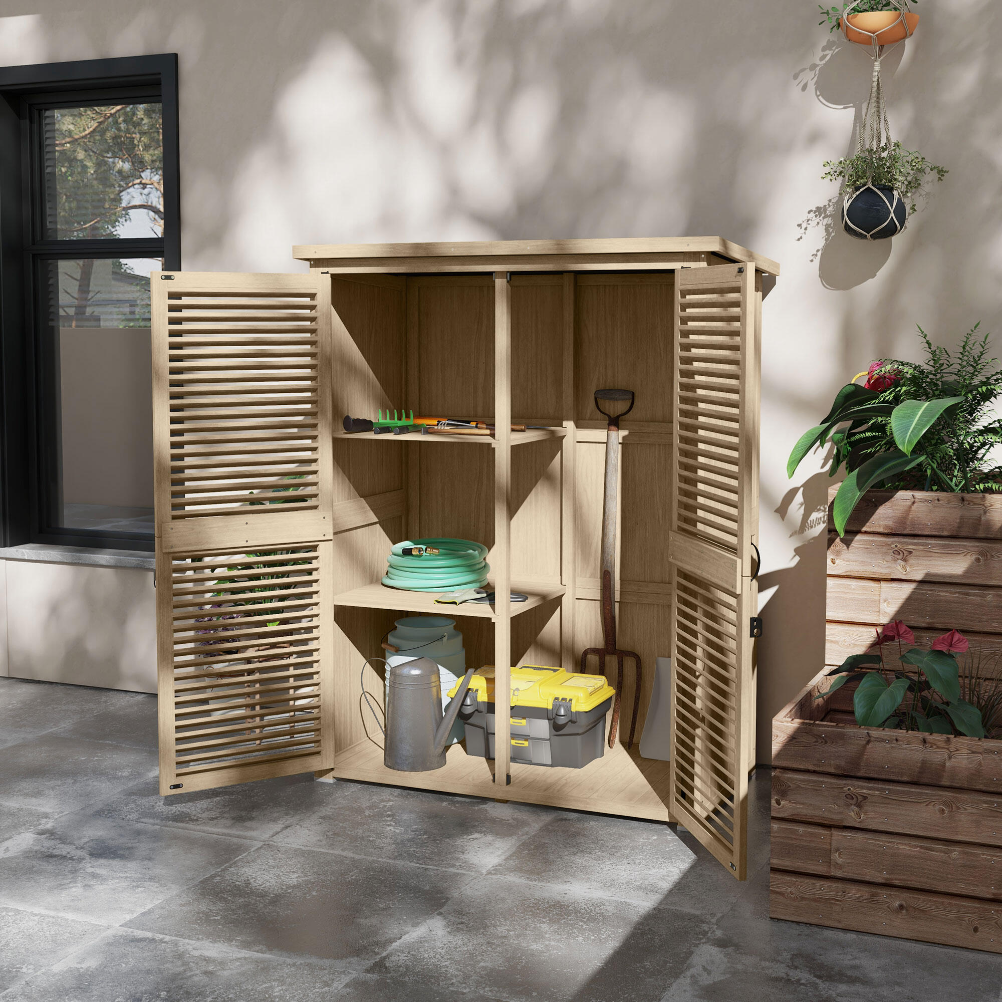 Caseta almacenamiento de Madera Outsunny 127x65x168 cm Madera Natural 2/7