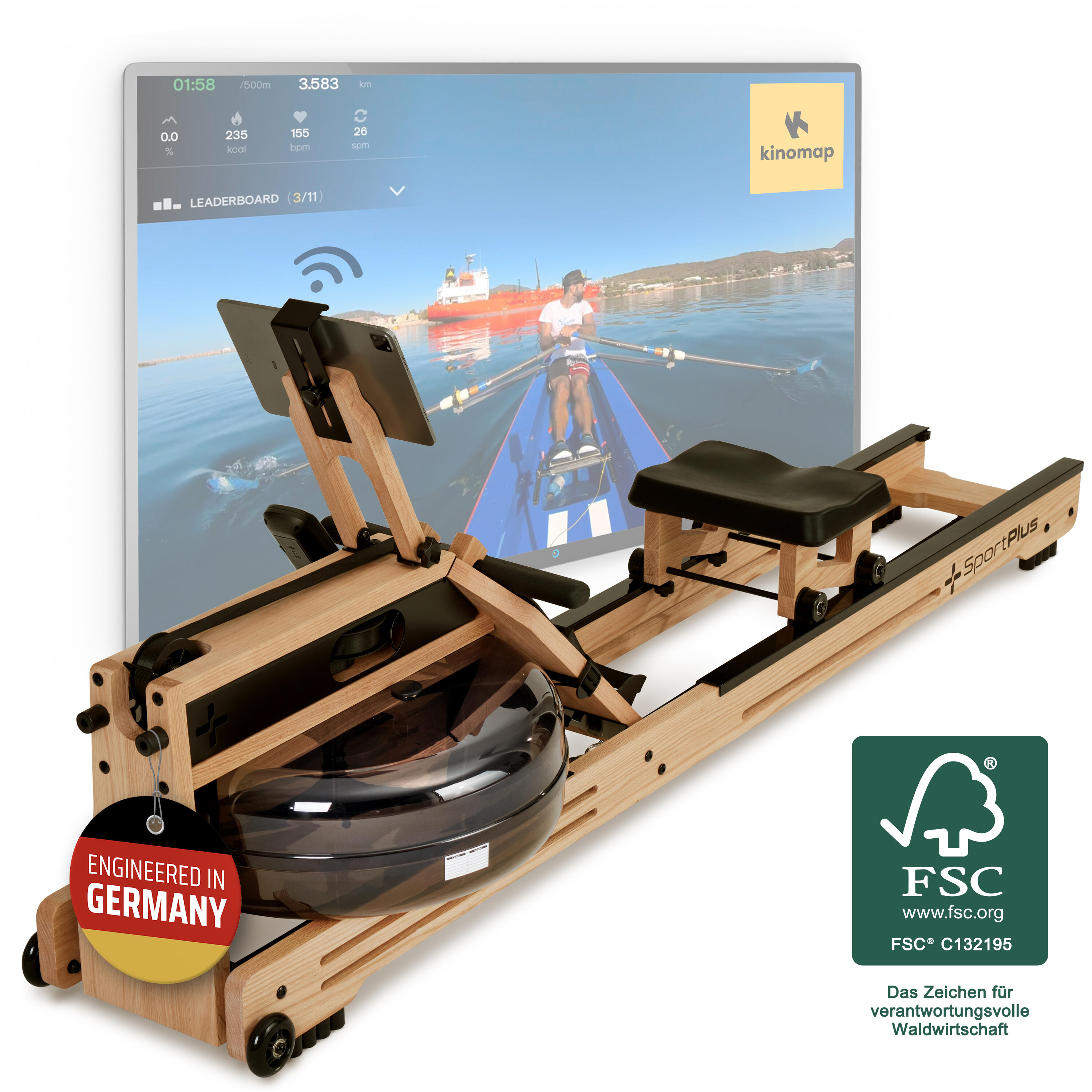 Rameur à Eau Pliable En Bois D'hévéa - Réservoir Polycarbonate 500 Mm - Application Kinomap - Pour Fitness à Domicile, Couleur Noyer