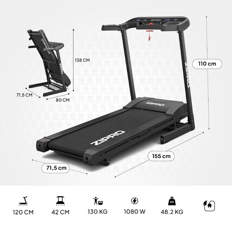 Tapis de course pliant Zipro Pulse 120×42 cm 12 km/h, 15 positions d'inclinaison