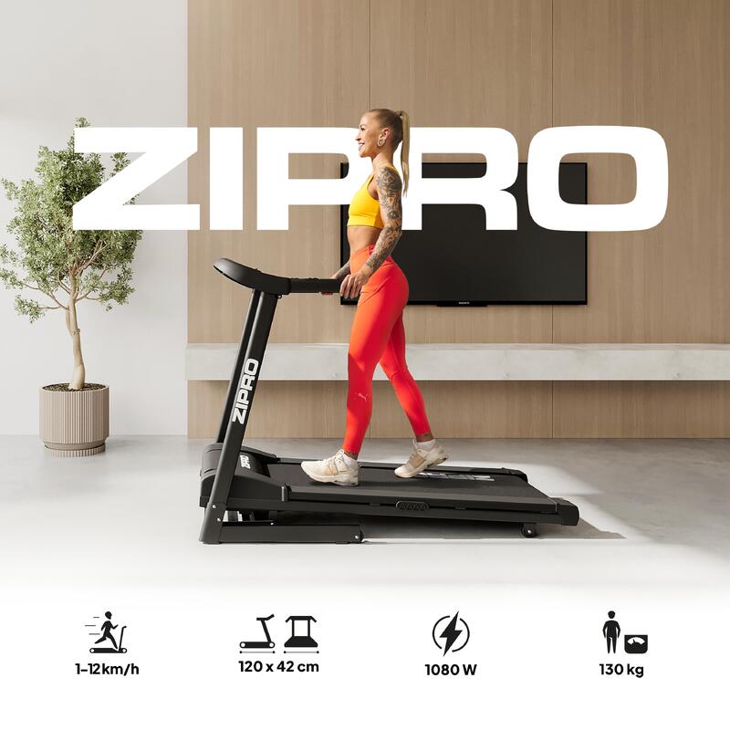 Tapis de course pliant Zipro Pulse 120×42 cm 12 km/h, 15 positions d'inclinaison